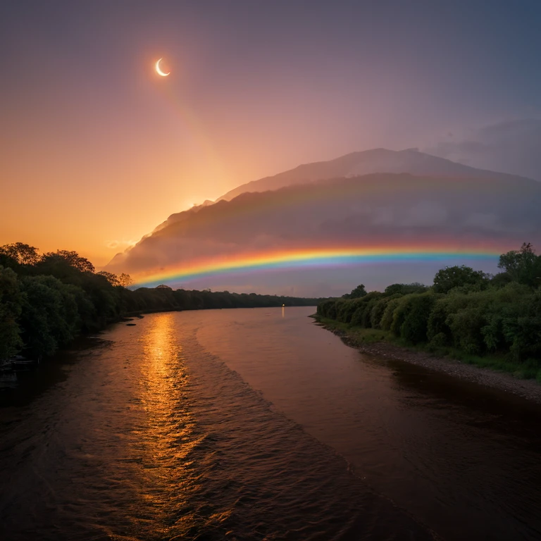 landscape shot Sunset Moon along the river rainbows