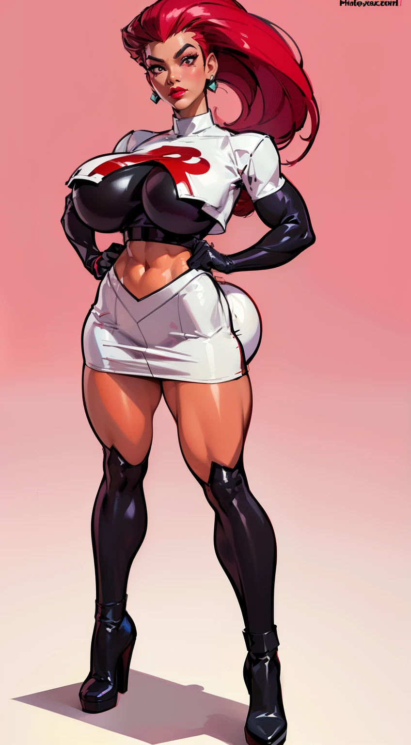 ((masterpiece)),(((best quality))),((character design sheet)), Pokémon character Jessie, (team rocket uniform) ((Jessie)), ((full body view)) mature face, (red violet hair),((asian eyes:1.4)), (long black boots), (slicked back hair), defined cheekbones, high cheekbones, illustration, muscular, sexy bimbo, (gigantic breasts:1.3) red hair, ((detailed face:1.4)) beautiful woman, (black gloves :1.2), (white skin:1.4) , (red lipstick:1.4), shiny skin, scribbles and marks,(puffy lips:1.4) , (giant red R on shirt), rough sketches, pose, 8k,16k, (simple background, white background: 1.3) ((cool color palette)), ((white crop top, white skirt))