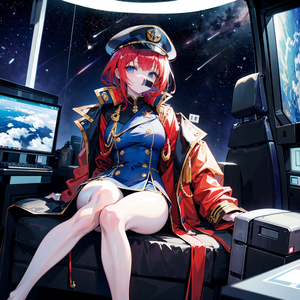 (((masterpiece)))、(((Top image quality)))、(((top-quality)))、(((Illustration of one woman)))、full bodyesbian、Red-haired shorthair、(Thin hair hanging down both sides of the face)、Blue eyes、(((neuter)))、((Tall))、(((Muscular and strong body)))、(((Muscular and strong body)))、((muscular and thick arms))、((muscular and thick legs))、(((manspreading)))、opening legs、((Military uniforms))、((Military Cap))、((Military coat))、(white clothes)、(White pants)、(White cap)、trench coat、((Inside the spaceship、Sitting in the captain's seat))、(Outside the window、kosmos、Earth seen from space、Spaceport)