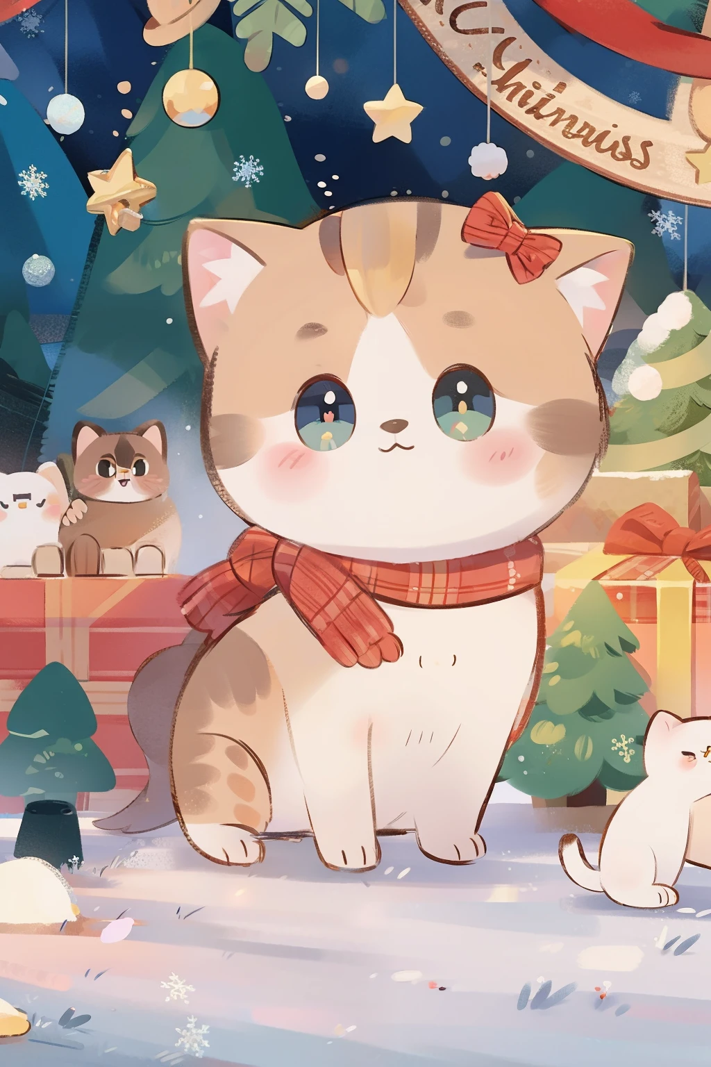Scottish folding cat, closeup cleavage, nevando, christmas tree.