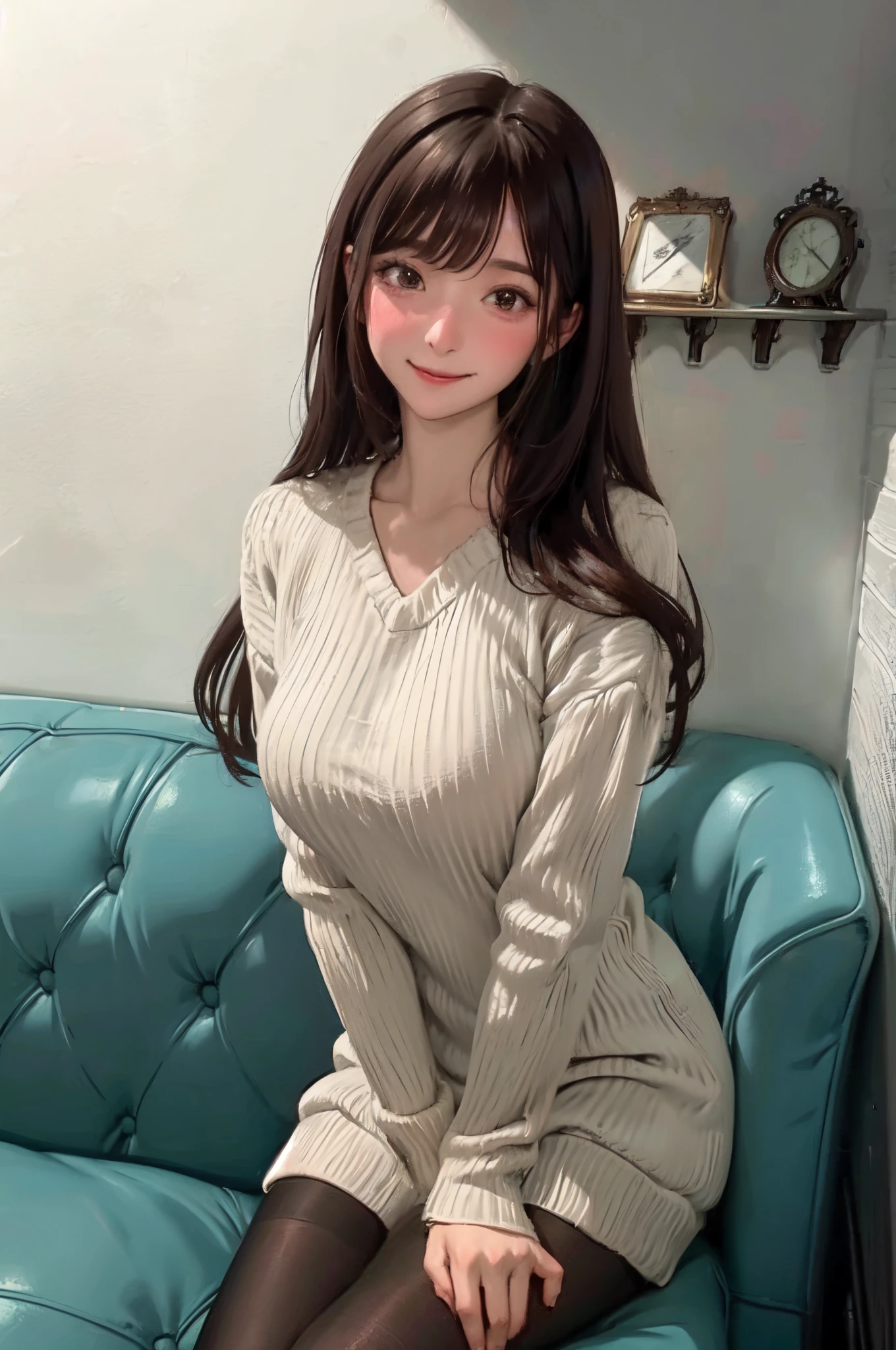 1lady standing, /(oversized sweater/) v-neck, mature female, /(brown hair/) bangs, blush kind smile, (masterpiece best quality:1.2) delicate illustration ultra-detailed, large breasts pantyhose BREAK /(modern house living room/) indoors