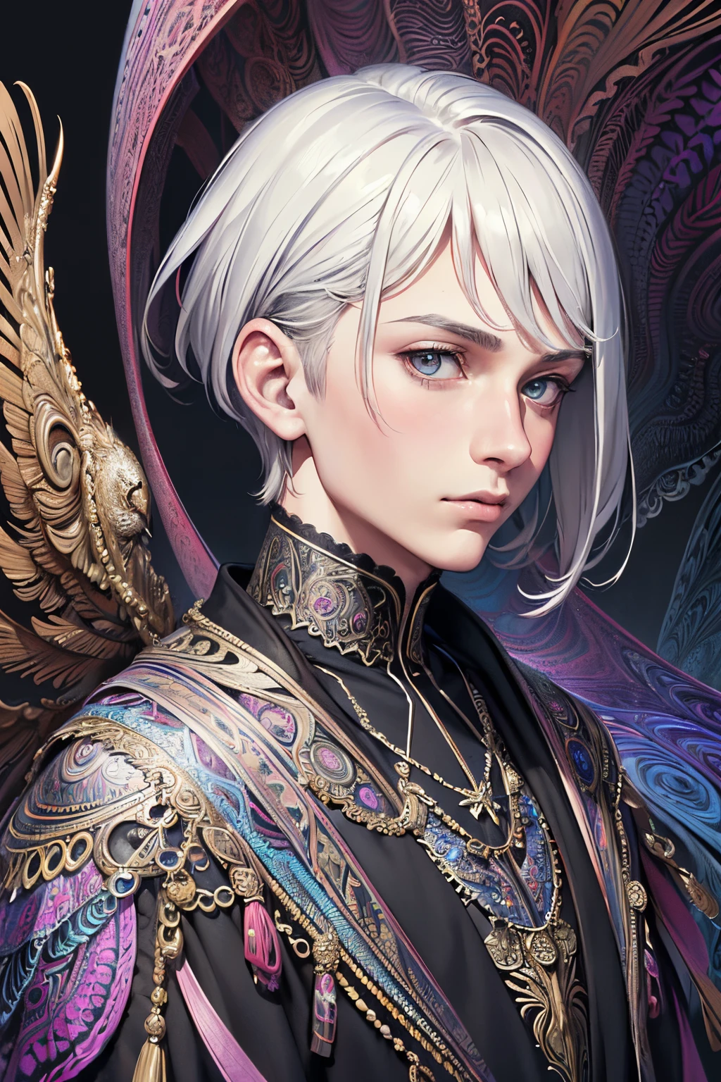 realistic, (masterpiece, top quality, best quality, official art, beautiful and aesthetic:1.2),
extremely detailed,fractal art,colorful,highest detailed,zentangle,(abstract background:1.5)
(1boy:1.3), (birds),silver hair, bright eyes,hair slicked back, short hair, black robe,
