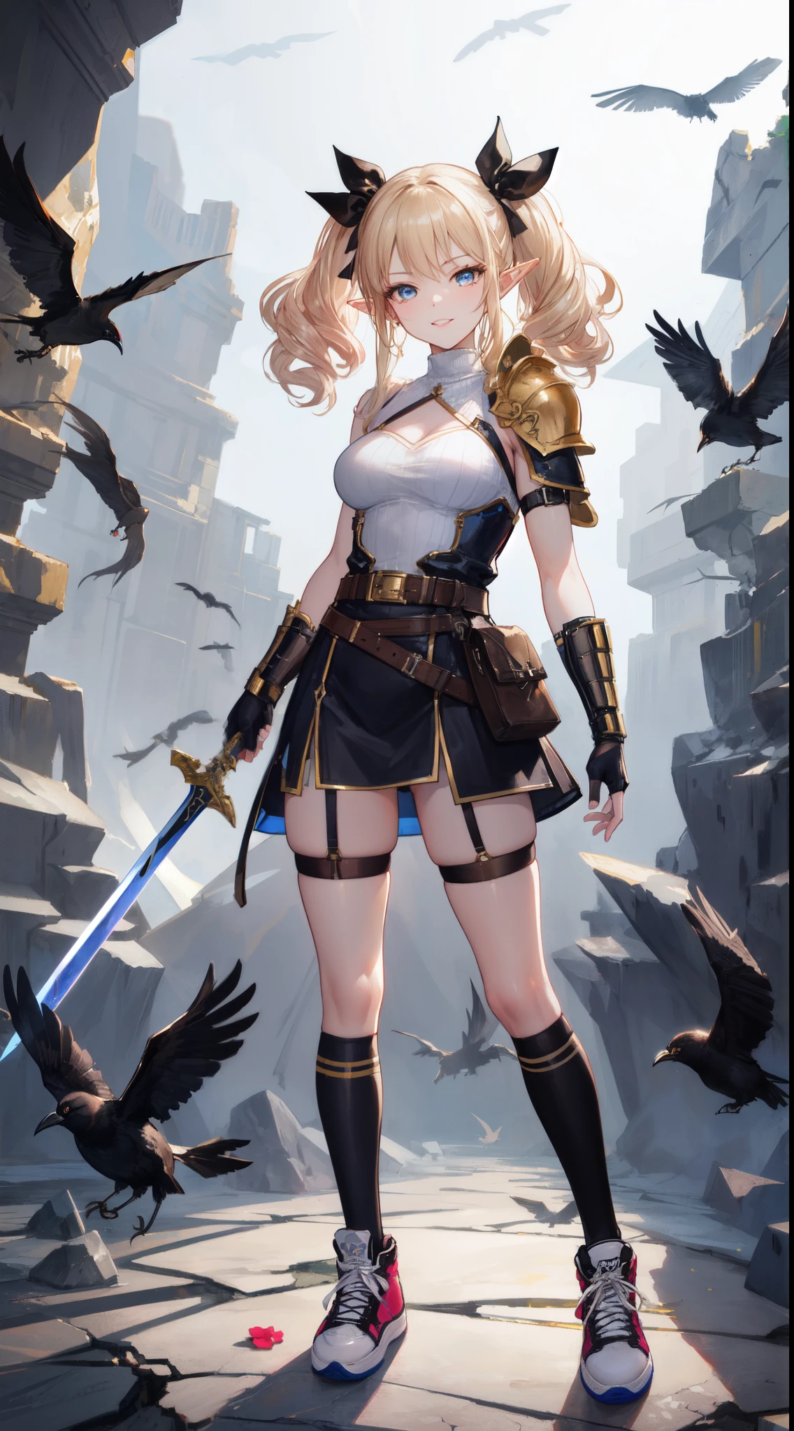 (masterpiece, best quality: 1.3),  (ultra-detailed, cinematic lighting), (illustration), (beautiful detailed face, eyes), concept art, (Elf), (1girl), (white Blonde, Curly hair, twintails), blue Eyes, Tilting Head, light Smile, light pink lips, big breast, full body, (sleeveless turtle-neck), (shoulder armor, chest belt, gold trim, fingerless gloves, black gloves, brown belt, pouch, garter belt : 1.2), (air Jordan sneakers), (high tops), (standing on cracked rocks: 1.1), wide angle, medium shot, (cracked architecture), (flying black birds), (wielding a sword behind back), squinting, By Yusuke Murata, by Artgerm.