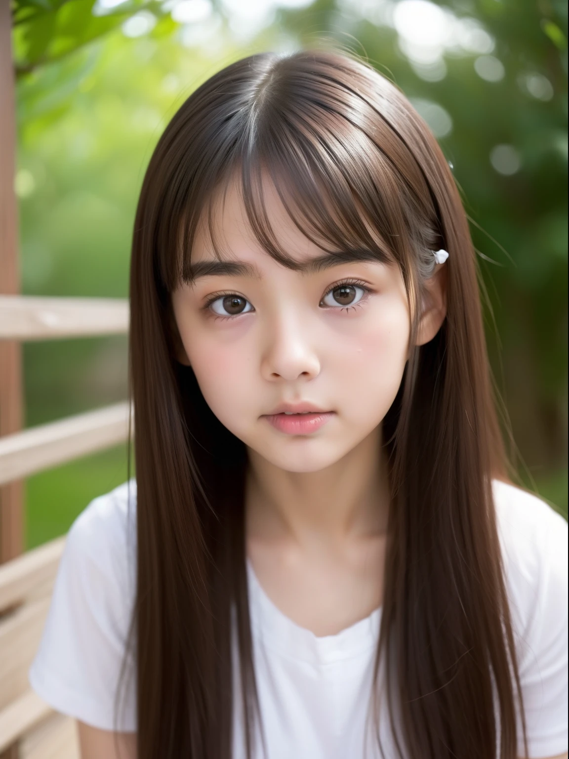 A close up of a young girl with long hair and a white shirt  