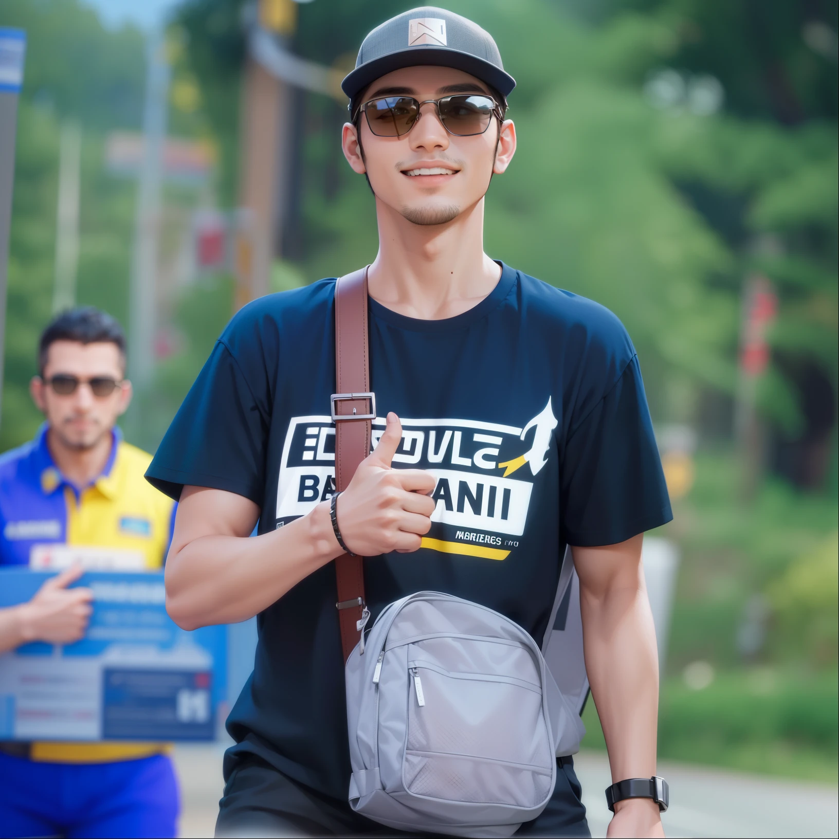 Attractive profile picture, masterpiece, ultra-precise rendering, beautiful and cool man, wearing a business suit, trustworthy, dependable young man, savior of the world, simple design, most beautiful image, 4K, arabian face, smile, sunglasses, thumbs up