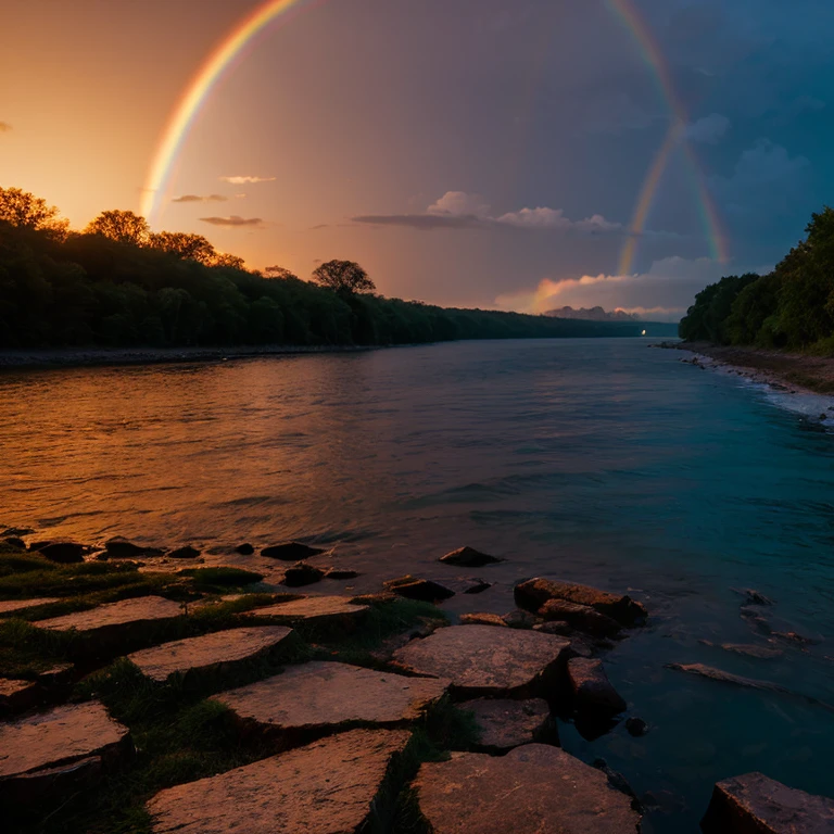 landscape shot　morning glow　Sunset Moon　along the river　rainbows