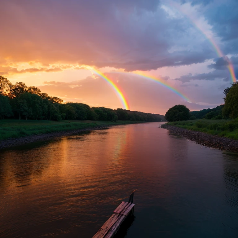 landscape shot morning glow Sunset Moon along the river rainbows