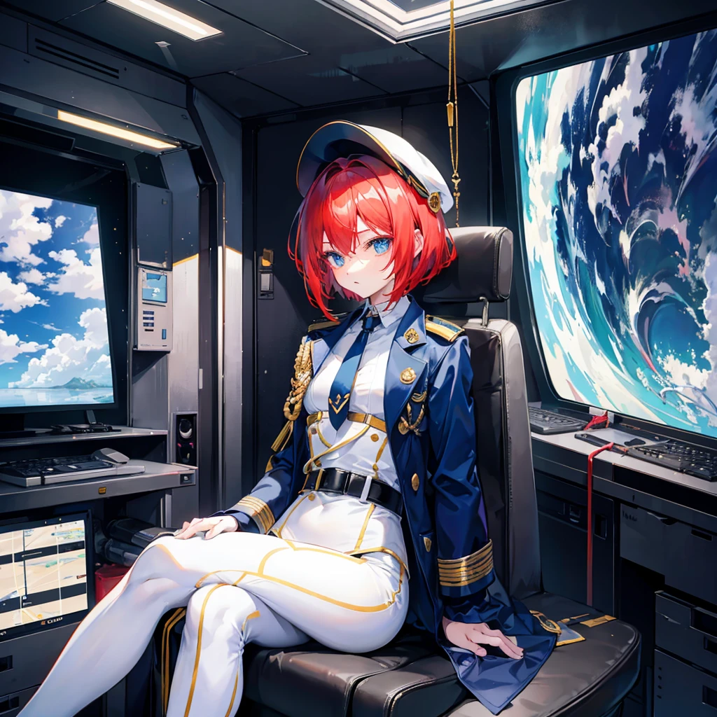 (((masterpiece)))、(((Top image quality)))、(((top-quality)))、(((Illustration of one woman)))、full bodyesbian、Red-haired shorthair、(Thin hair hanging down both sides of the face)、Blue eyes、(((neuter)))、((Tall))、(((Muscular and strong body)))、(((Muscular and strong body)))、((muscular and thick arms))、((muscular and thick legs))、(((manspreading)))、opening legs、((Military uniforms))、((Military Cap))、((Military coat))、(white clothes)、(White pants)、(White cap)、trench coat、((Inside the spaceship、Sitting in the captain's seat))、(Outside the window、kosmos、Earth seen from space、Spaceport)