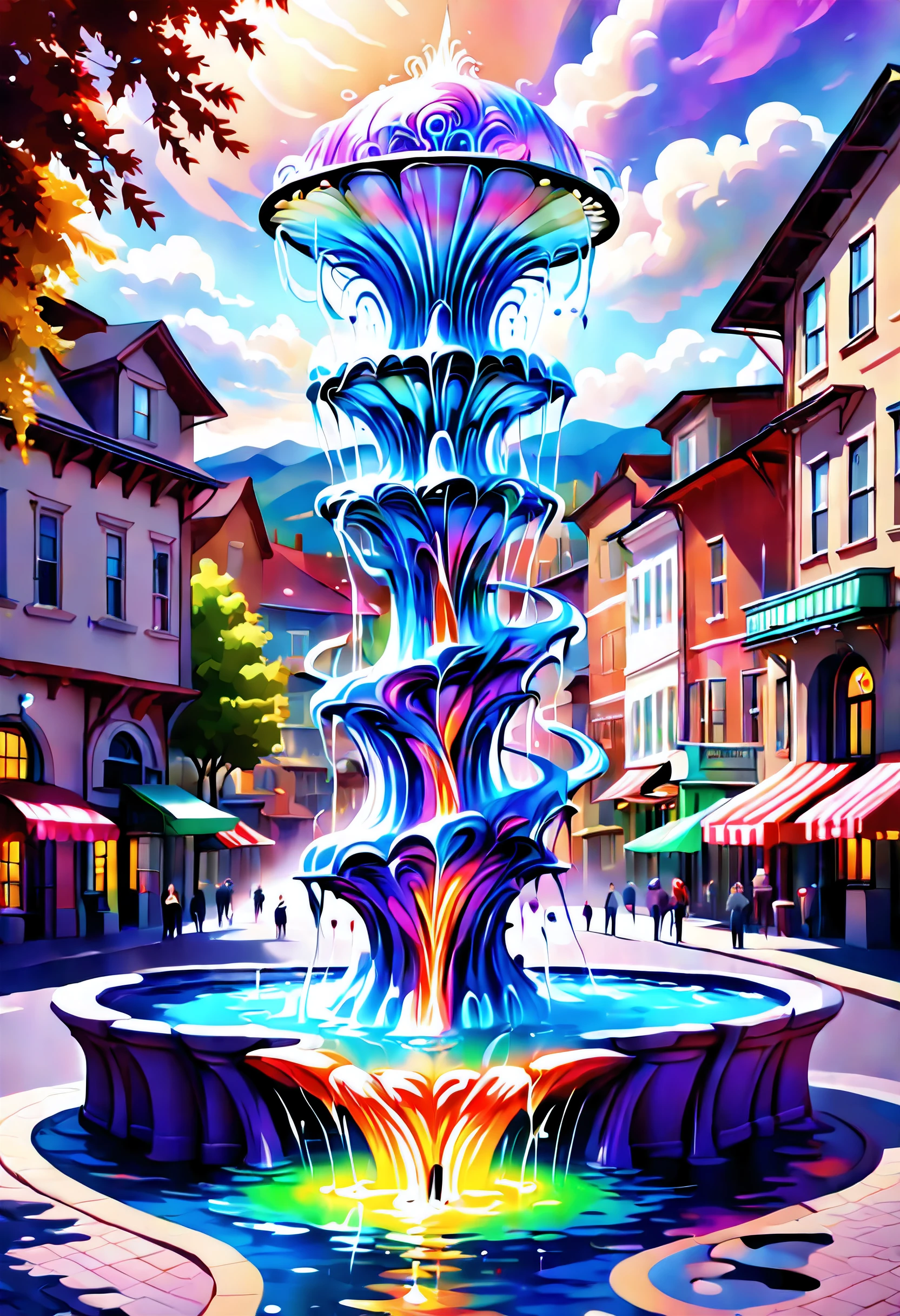Beautiful psychedelic, swirling (water fountain in the small town:1.5),optical illusion,surreal,marble,reflection,vibrant colors,sparkling water,tranquil,mesmerizing,ethereal lighting,dreamlike,drifting mist,curved shapes,continuous flow,shimmering surface,illusory motion,fluidity,abstract,serenity,dynamic pattern,perception-bending,illusionary waves,harmony,bewitching scene,unreal dimension,otherworldly,depth perception,mesmerizing,subtle ripples,ever-changing,whirlpool of colors,enigmatic,transcendent,ethereal soundscape,mind-expanding,whimsical,translucent layers,captivating,flowing forms,endless movement,hypnotic