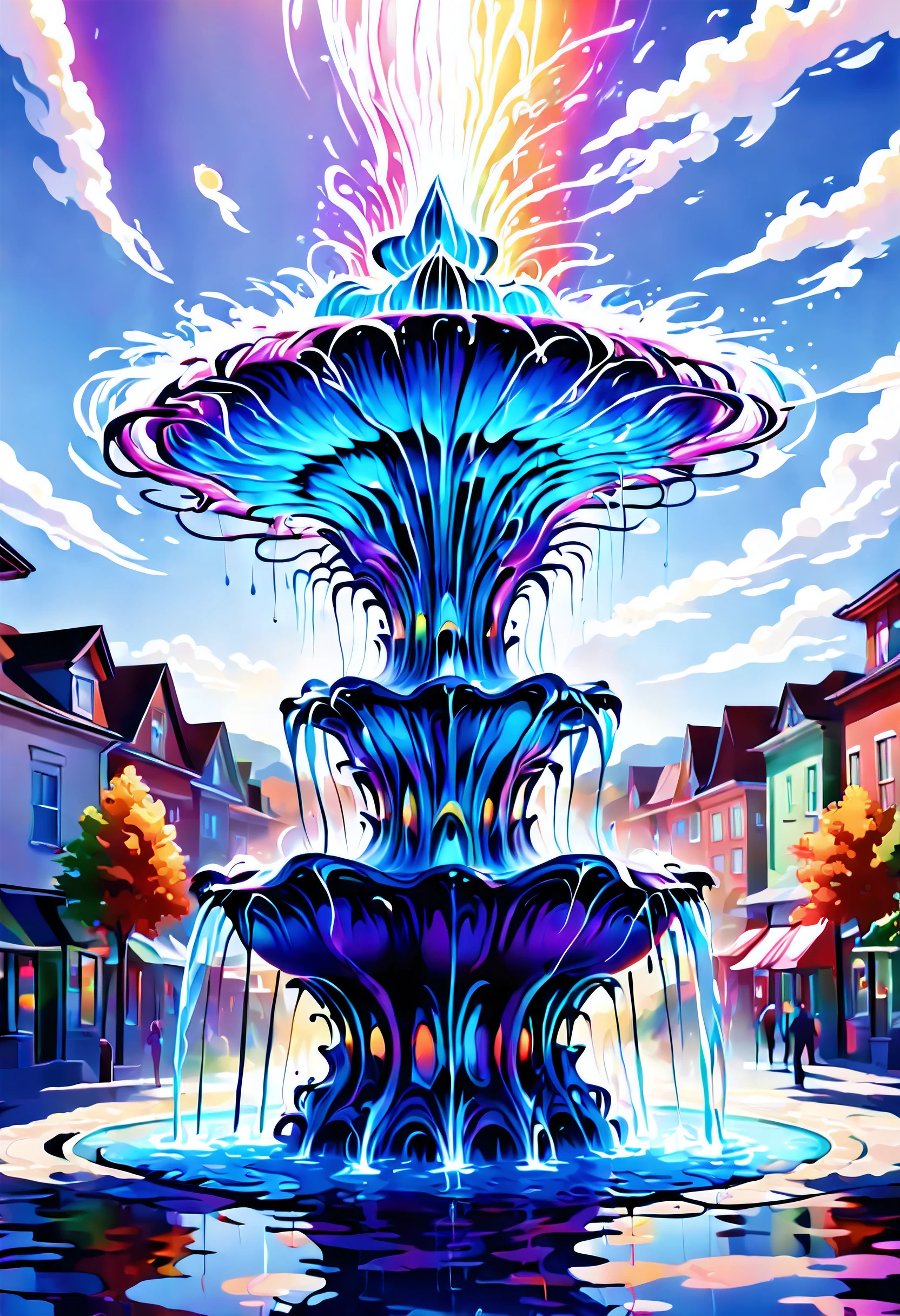 Beautiful psychedelic, swirling (water fountain in the small town:1.5),optical illusion,surreal,marble,reflection,vibrant colors,sparkling water,tranquil,mesmerizing,ethereal lighting,dreamlike,drifting mist,curved shapes,continuous flow,shimmering surface,illusory motion,fluidity,abstract,serenity,dynamic pattern,perception-bending,illusionary waves,harmony,bewitching scene,unreal dimension,otherworldly,depth perception,mesmerizing,subtle ripples,ever-changing,whirlpool of colors,enigmatic,transcendent,ethereal soundscape,mind-expanding,whimsical,translucent layers,captivating,flowing forms,endless movement,hypnotic