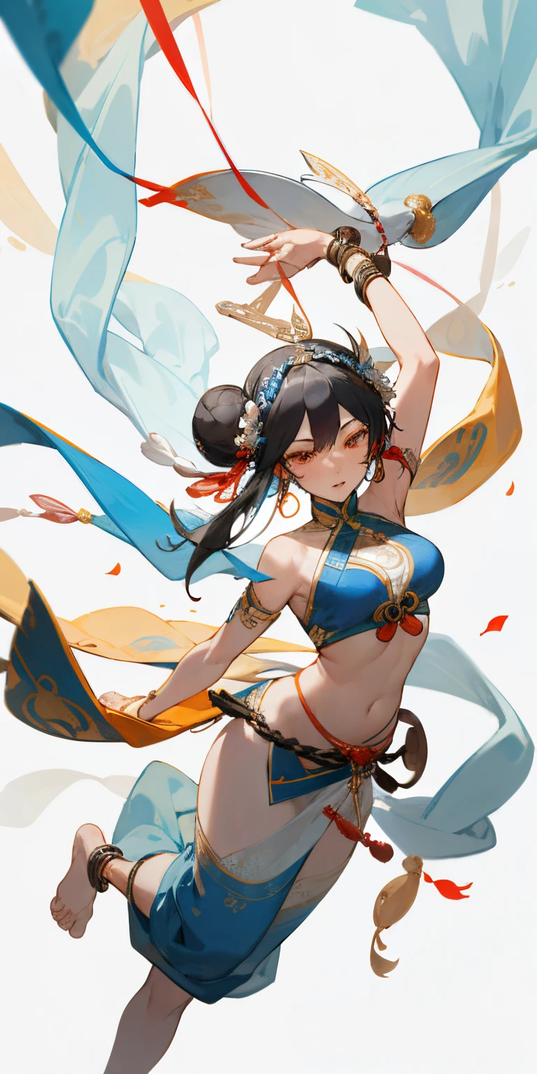 An ancient Chinese beauty stands and dances on the water, gorgeous costumes embroidered with intricate embroidery, flowing tulle, transparent long colorful ribbons tied on the arms, inspired by Dunhuang Flying Apsaras murals, showing navel, bare shoulders, bare neck, Black curly hair in a high bun with flower hairpins, ribbons on arm rings, wreaths, bracelets, anklets, metal chain tassels on the waist, Mogao Grottoes art, ink painting, cgstation pop, topless, nipples, bare breasts