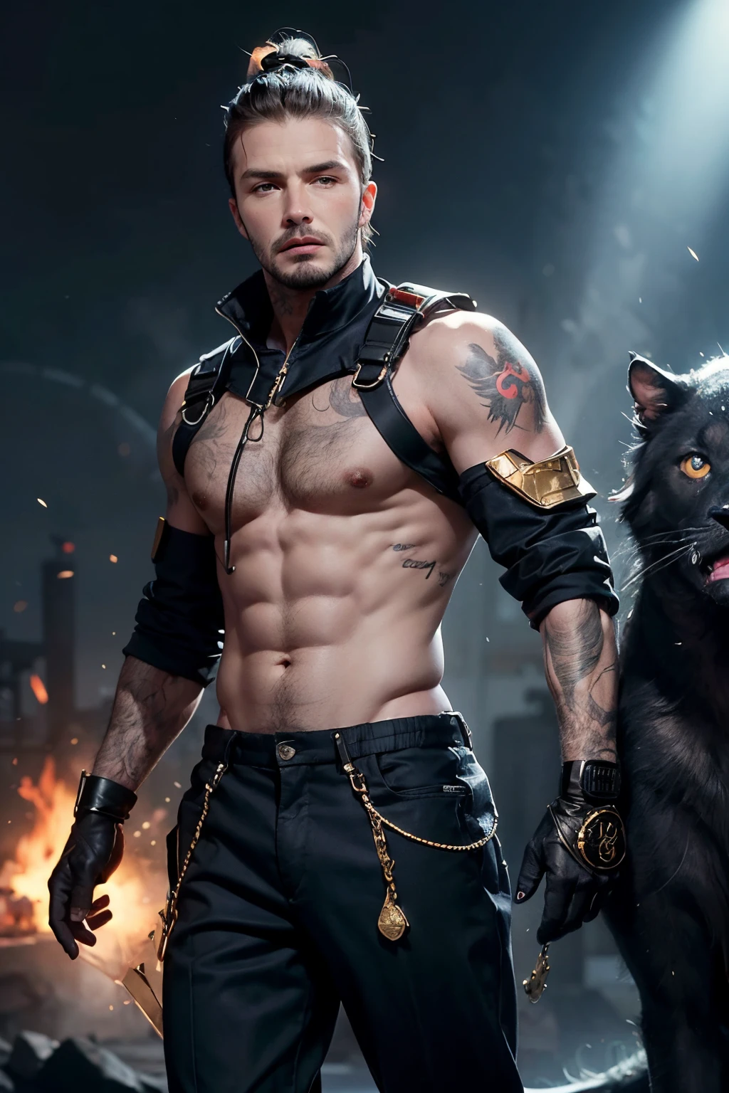 "Generate an AI image depicting David Beckham as a mythical creature, combining elements of his iconic style with fantastical and otherworldly features."