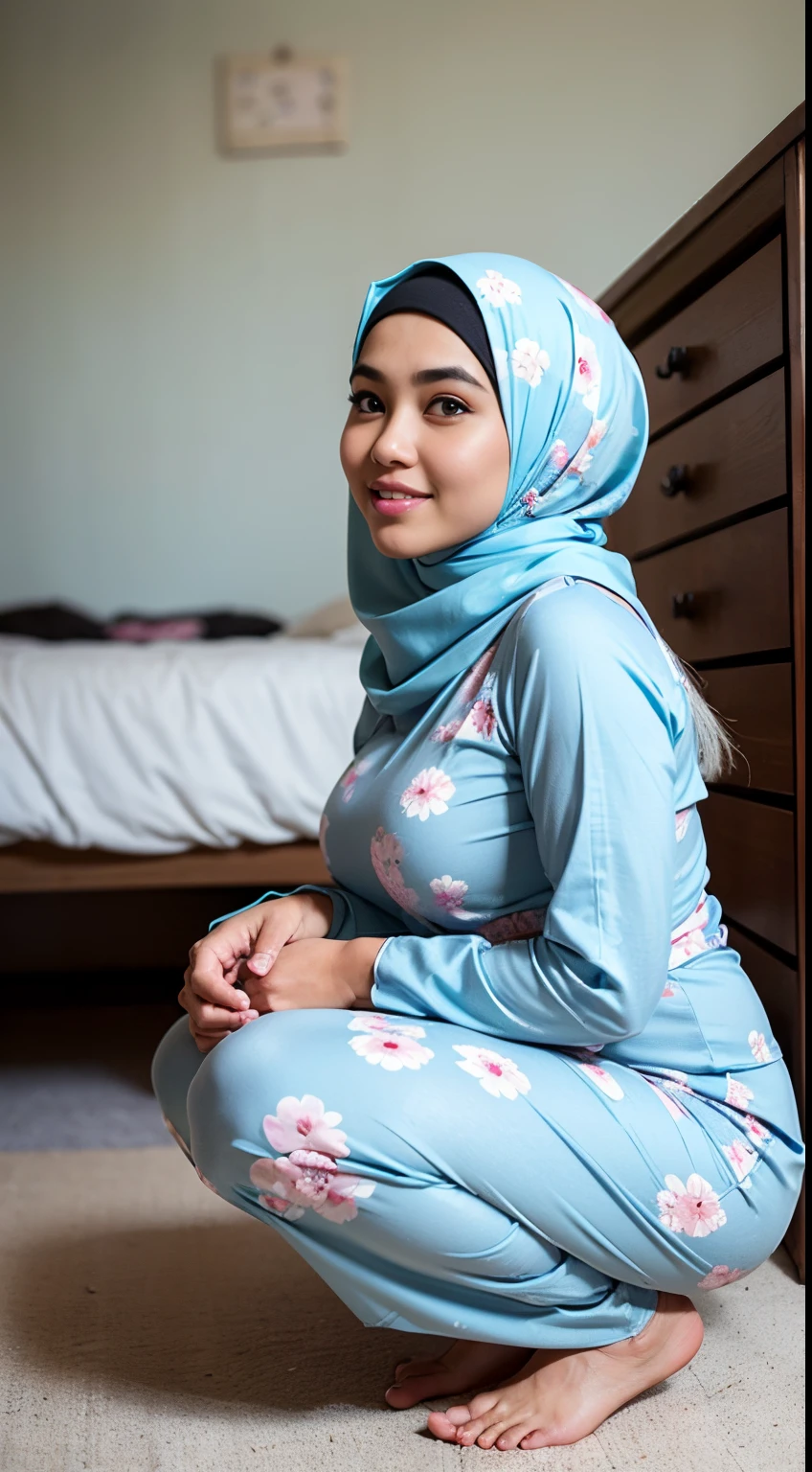 1 Malay girl, modern plain hijab, shy, medium portrait, watery eyes, 64k, RAW photo, best quality, masterpiecel1.4), ((squatting position in bedroom)), (realistic, photo-realistic:1.37), masterpiece, best quality, tall, big eyes, brown eyes, 1 malay girl in hijap, malay teenager, solo, tight long shirt, eyelashes, ((wearing tight pastel blue floral pattern malay gamis)), side view, bent over, very detailed plump buttocks, nice buttocks, butt cheeks, blush, toned thigh buttocks, living room background, ((large breasts:1.1)), ((slim hips)), ((face view towards the viewer)), ((shot taken from side angle)), side angle, (( squatting on the floor)), ((happy face)), tight buttocks, smiling