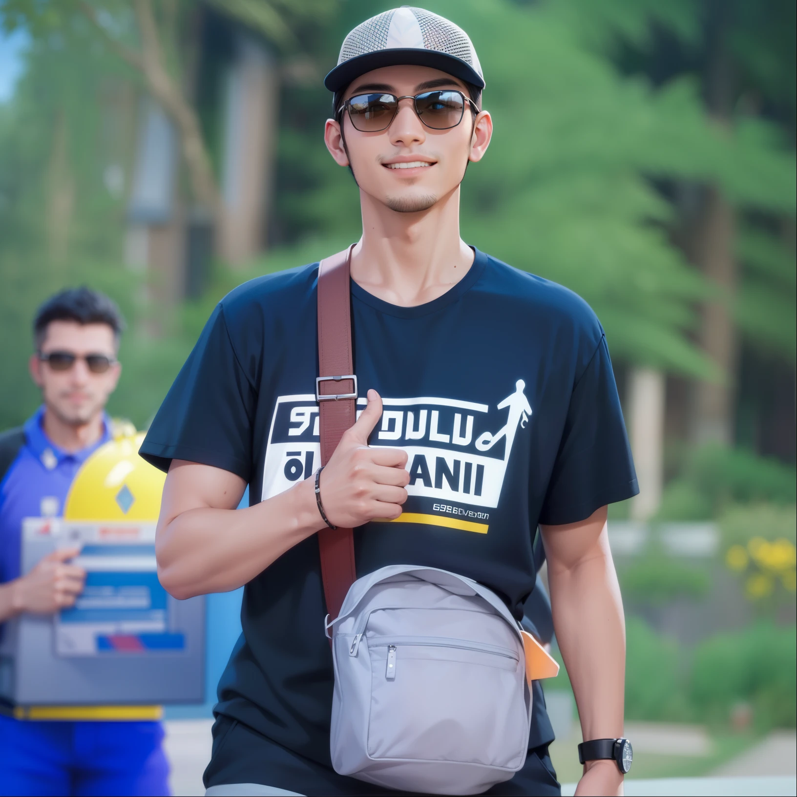 Attractive profile picture, masterpiece, ultra-precise rendering, beautiful and cool man, wearing a business suit, trustworthy, dependable young man, savior of the world, simple design, most beautiful image, 4K, arabian face, smile, sunglasses, thumbs up