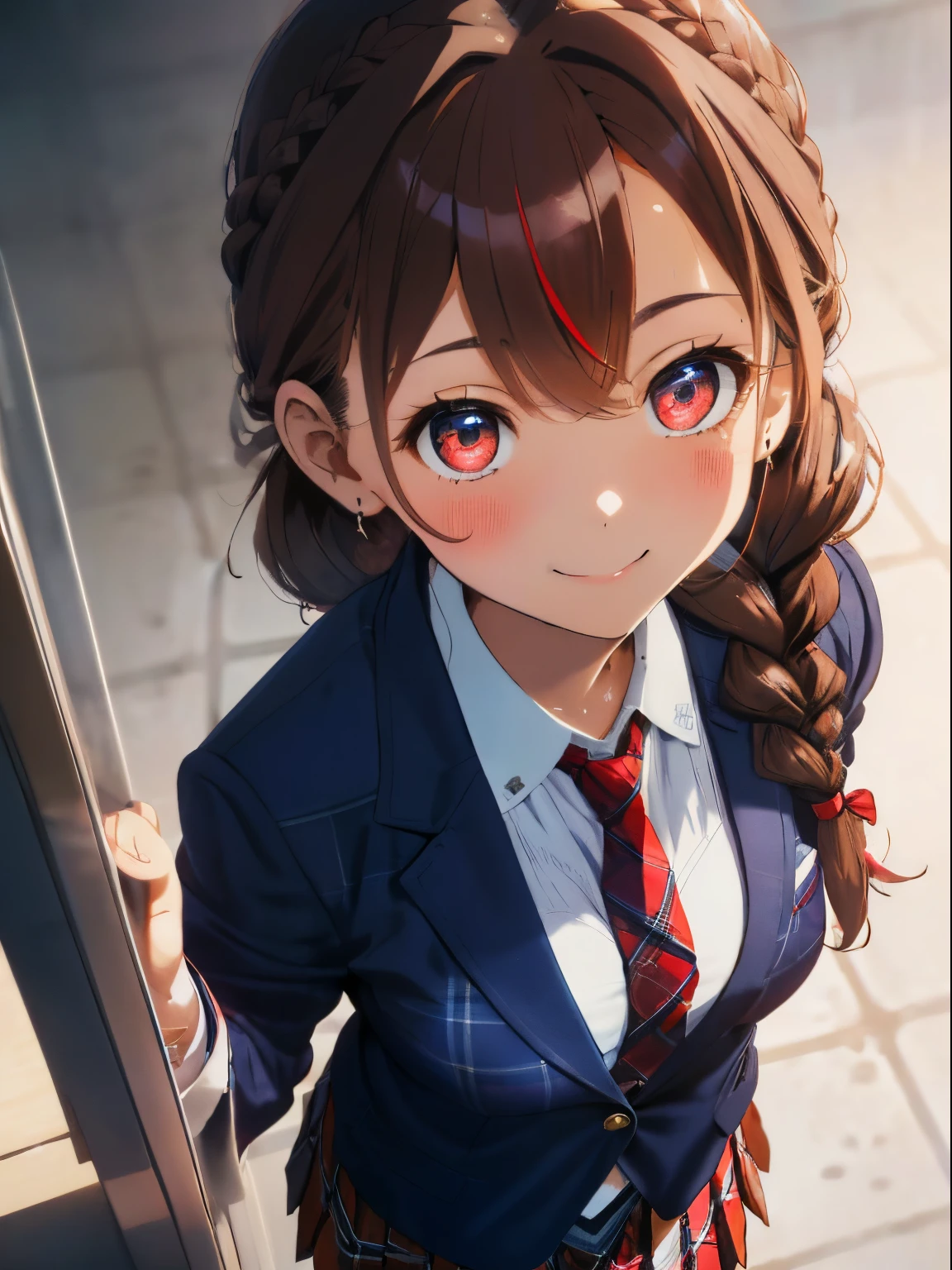 fluffy hair,((brown haired)),(Braided shorthair),Slightly red tide,((Navy blue blazer and plaid pleated skirt)),(High school students),((Red tie)),Kamimei,Looking at me with a smile,((Perspective from above)),((close up of face))