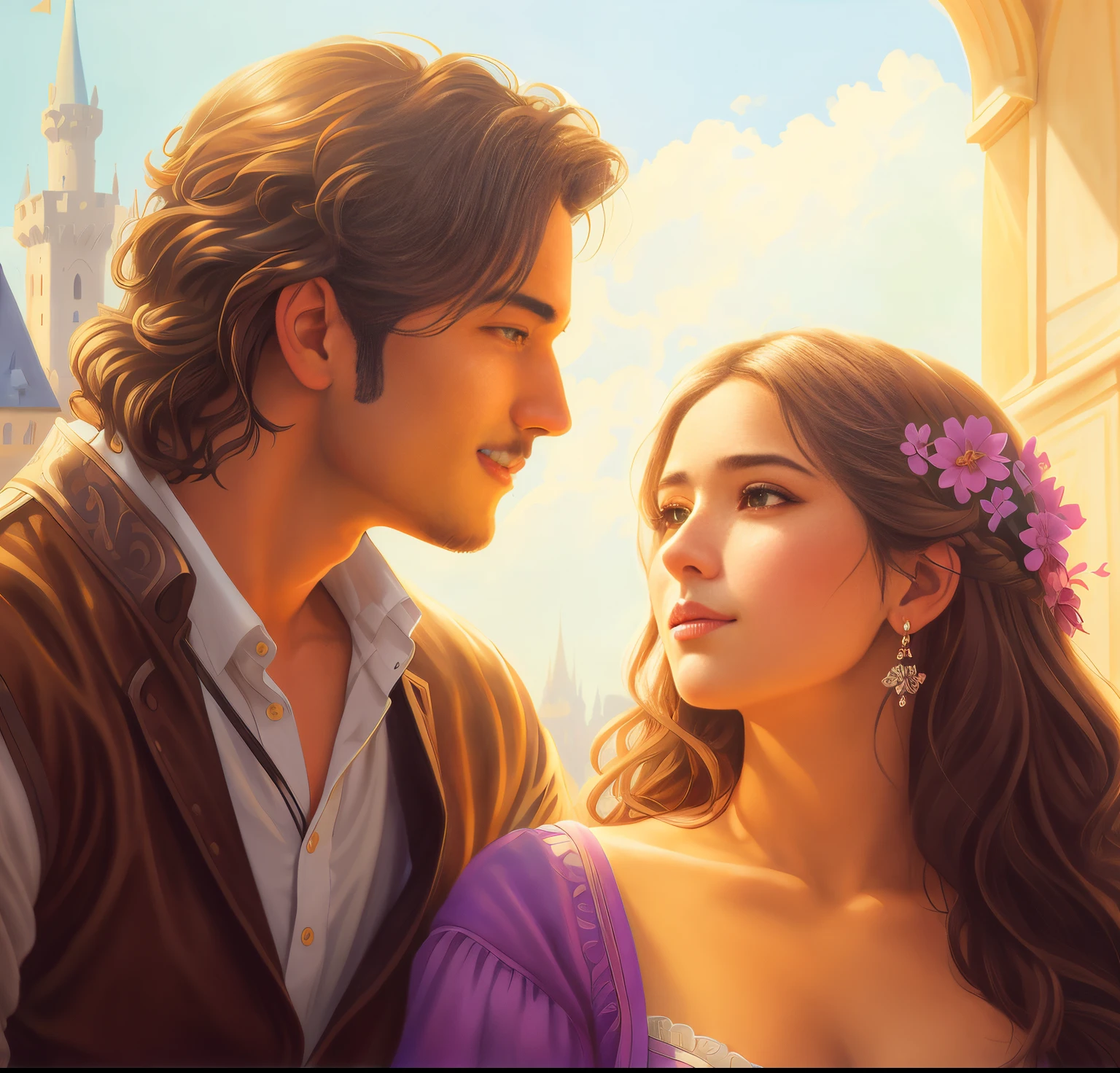 there is a picture of a man and a woman in a castle, Rob Rey and Kentaro Miura Style, rob rey and kentarõ miura, photorealistic disney, disney photo realistic, magali villeneuve and monet, Tangled, detailed fanart, magali villeneuve', inspired by Magali Villeneuve, Disney-style art