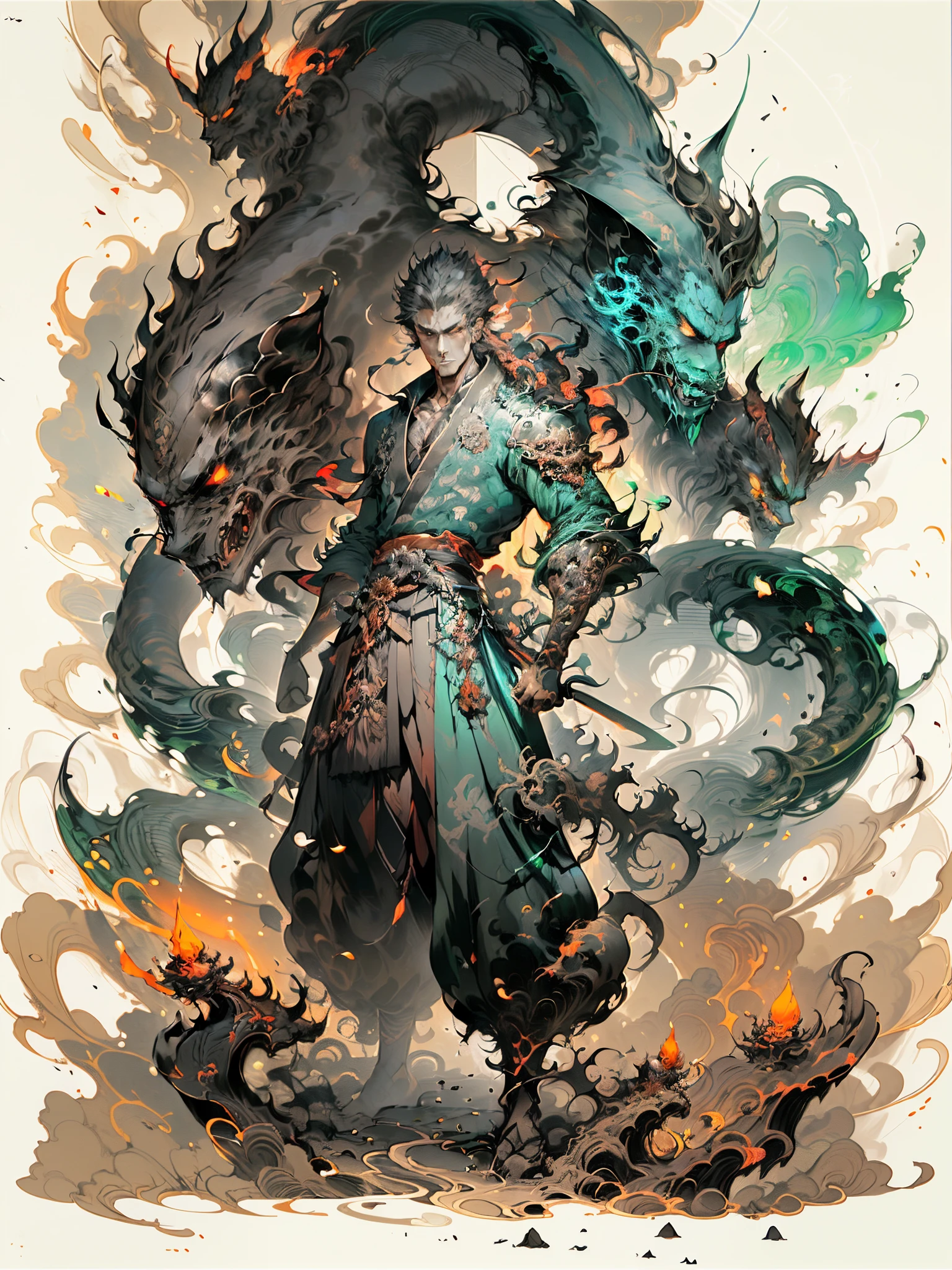 a drawing of a man with a sword and a demon, beautiful male god of death, mohrbacher, inspired by Shunkōsai Hokushū, in the art style of mohrbacher, asura from chinese myth, the god of chaos, inspired by Ryūkōsai Jokei, in style of peter mohrbacher