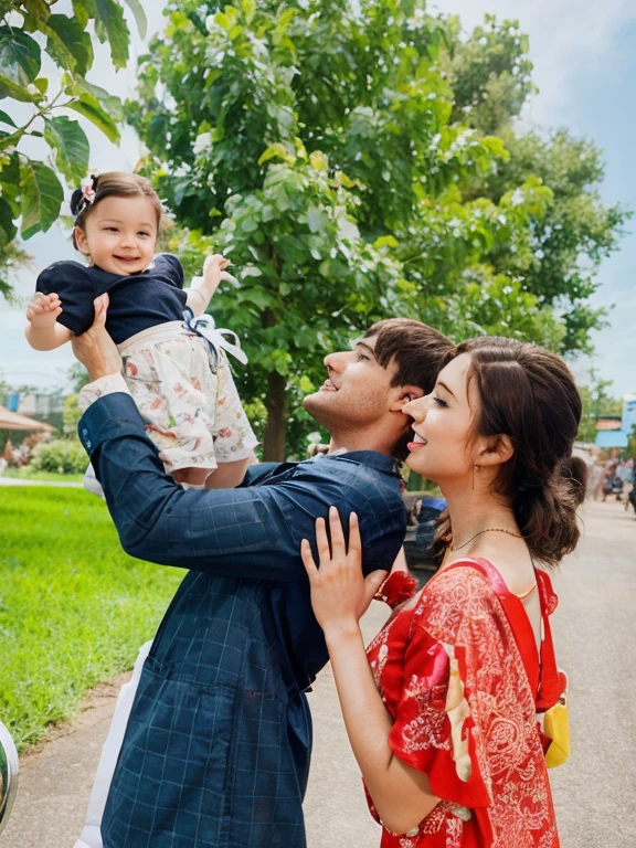there is a man holding a baby in his arms while a woman holds him, husband wife and daughter, profile image, happy family, with a tree in the background, 4 k post, 4k post, assamese, reddit post, aww, 2019 trending photo, assamese aesthetic, 🔞🤡, 🤬 🤮 💕 🎀