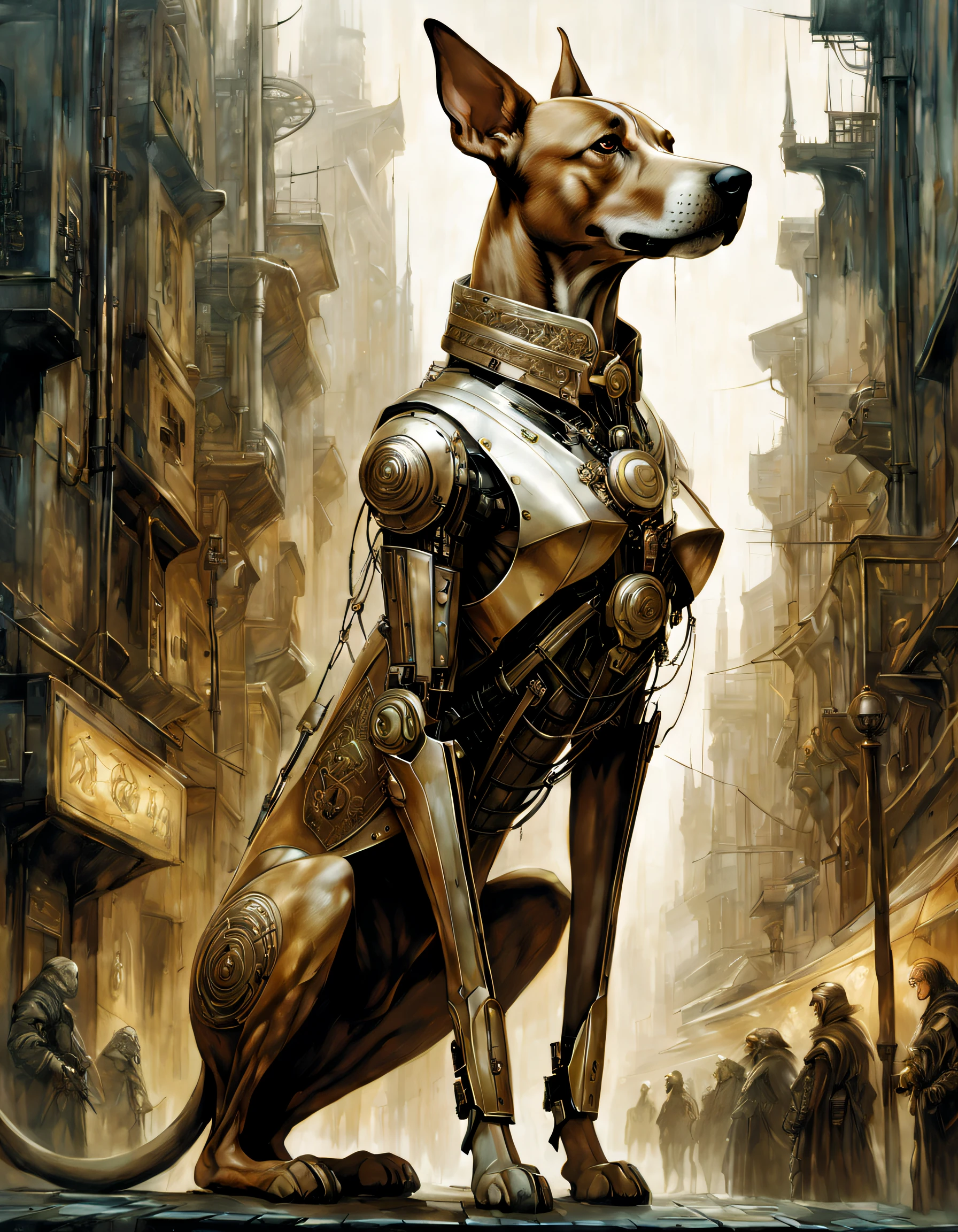 science-fiction, cyborg dog, standing in a city, mid-lenght hair light brown, intricate outfit, jewellery, profile view, illustration by Gerald Brom, Arthur Rackham, H.R. Giger, Peter Mohrbacher, Yoji Shinkawa