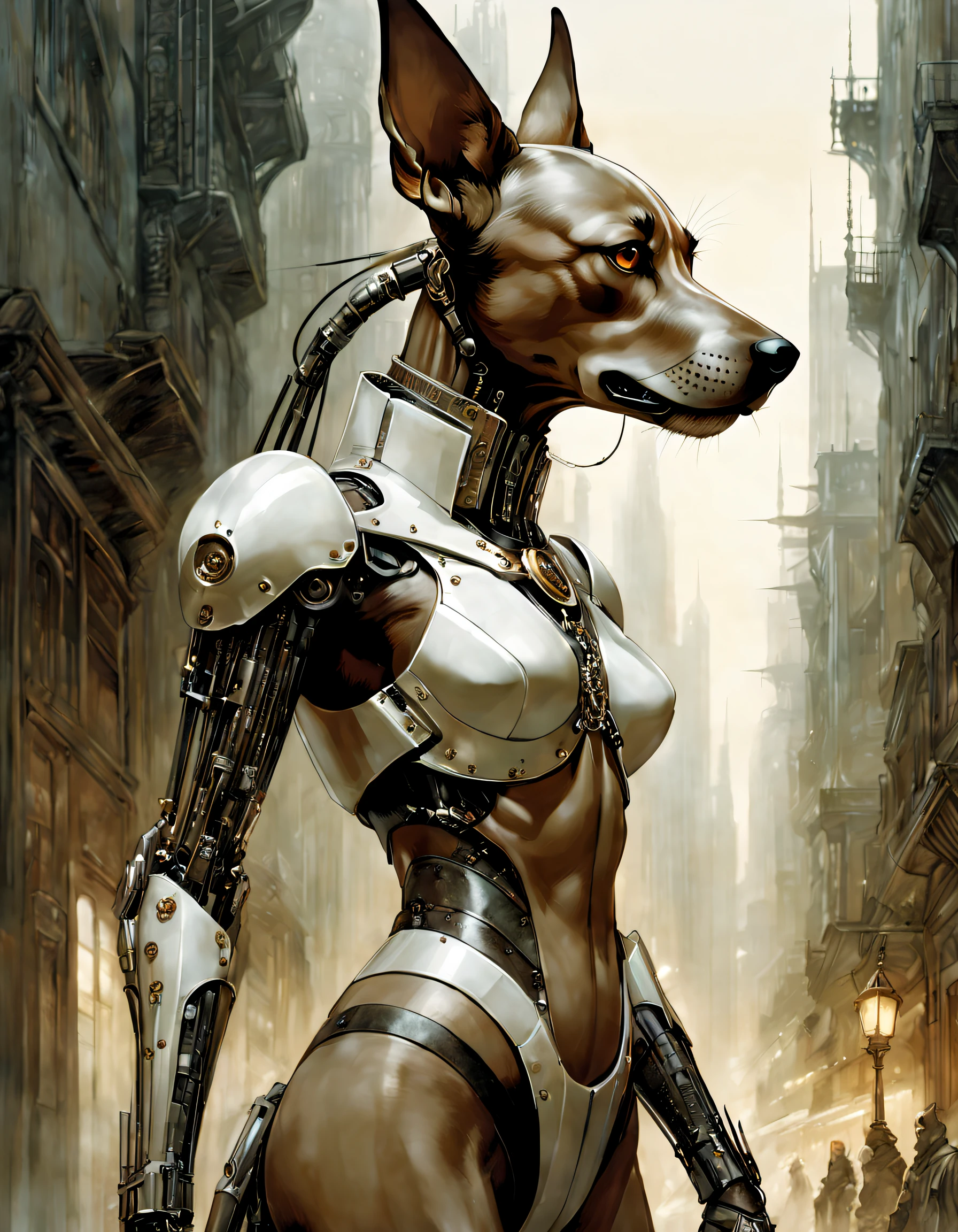 science-fiction, cyborg dog, standing in a city, mid-lenght hair light brown, intricate outfit, jewellery, profile view, illustration by Gerald Brom, Arthur Rackham, H.R. Giger, Peter Mohrbacher, Yoji Shinkawa