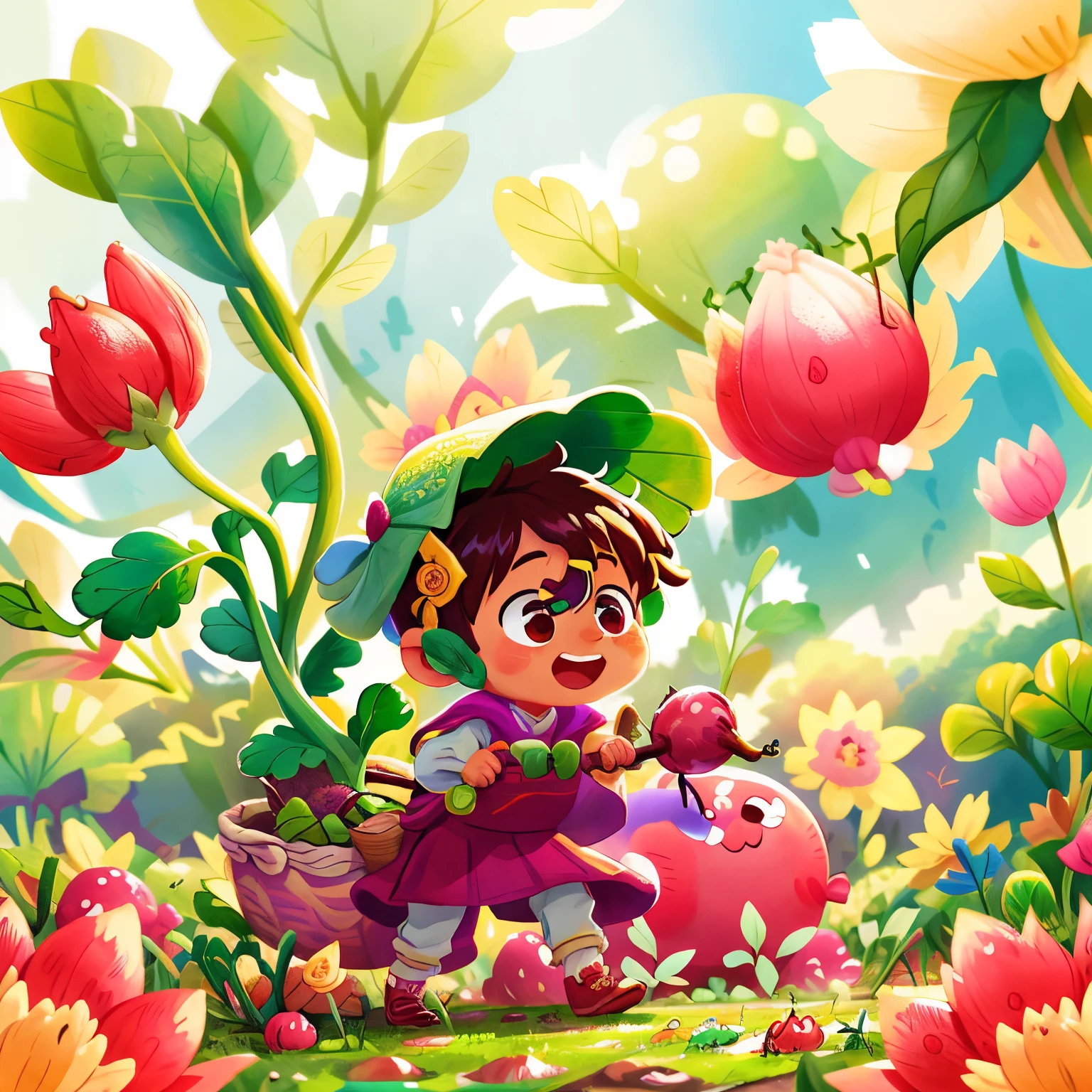 radish field、boy pulling out radish、、(Brightness -50) perfectquality、Clear focus (Clutter-Home:0.8)、(​masterpiece:1.2) (realisitic:1.2) (bokeh dof) (top-quality) (detailed skins:1.3) (intricate-detail) (8K) (Eye of Detail) (foco nítido), (Happiness）