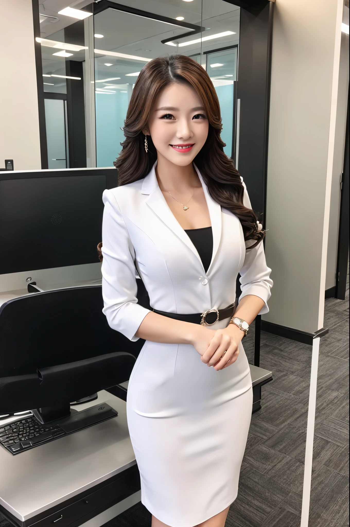 Super Beautiful Office Lady、Full Body Building 、A smile、(((top-quality, masterpiece))), (((ighly detailed)))