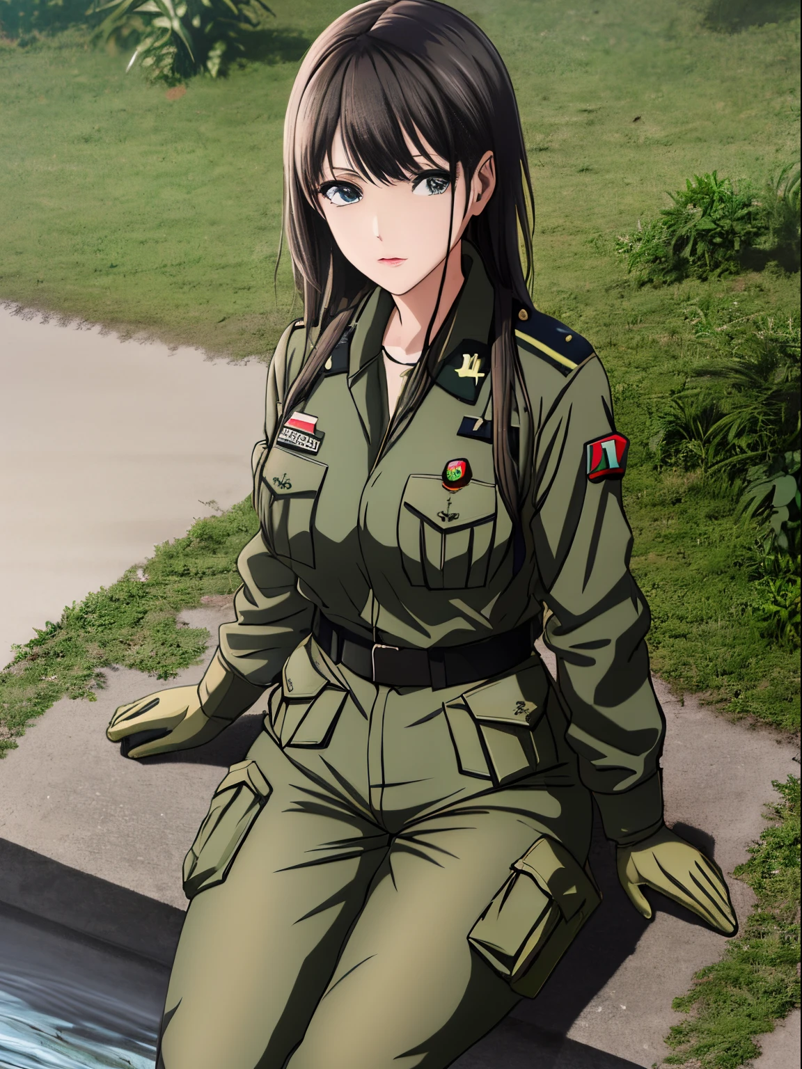 araffe in a military uniform posing for a picture, military girl, wearing military outfit, army girl outfit, soldier outfit, military outfit, quiet from metal gear solid, soldier girl, gorgeous jungle ranger, wonderful, clothed in military armor, quiet from metal gear solid v, wearing dirty ripped flight suit, mechanized soldier girl, wearing dirty soldier uniform, big breasts, best quality, 4k image, anime style, detailed, masterpiece,
