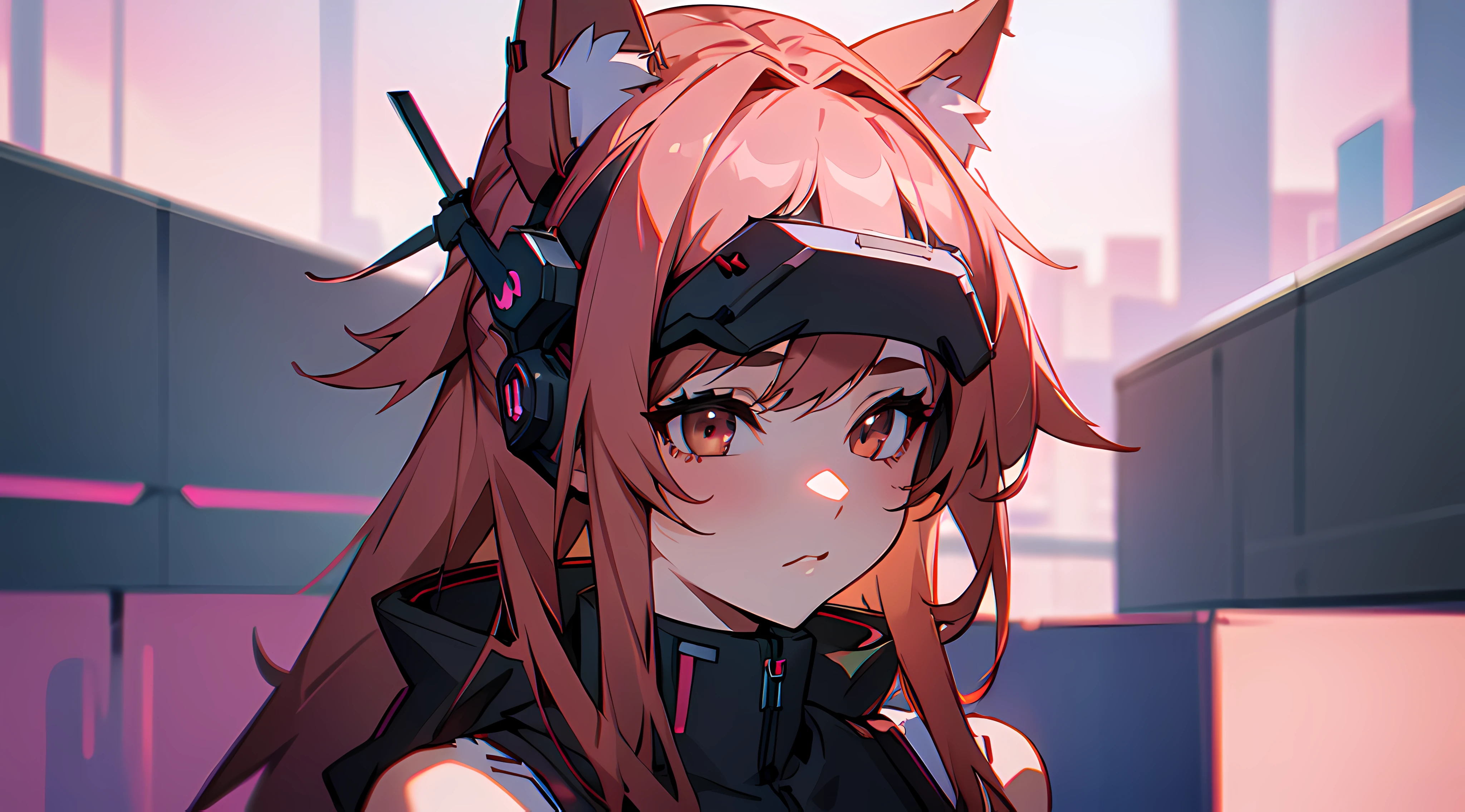 A girl, Detailed, 4K, Fox ears, cyberpunk background, VR