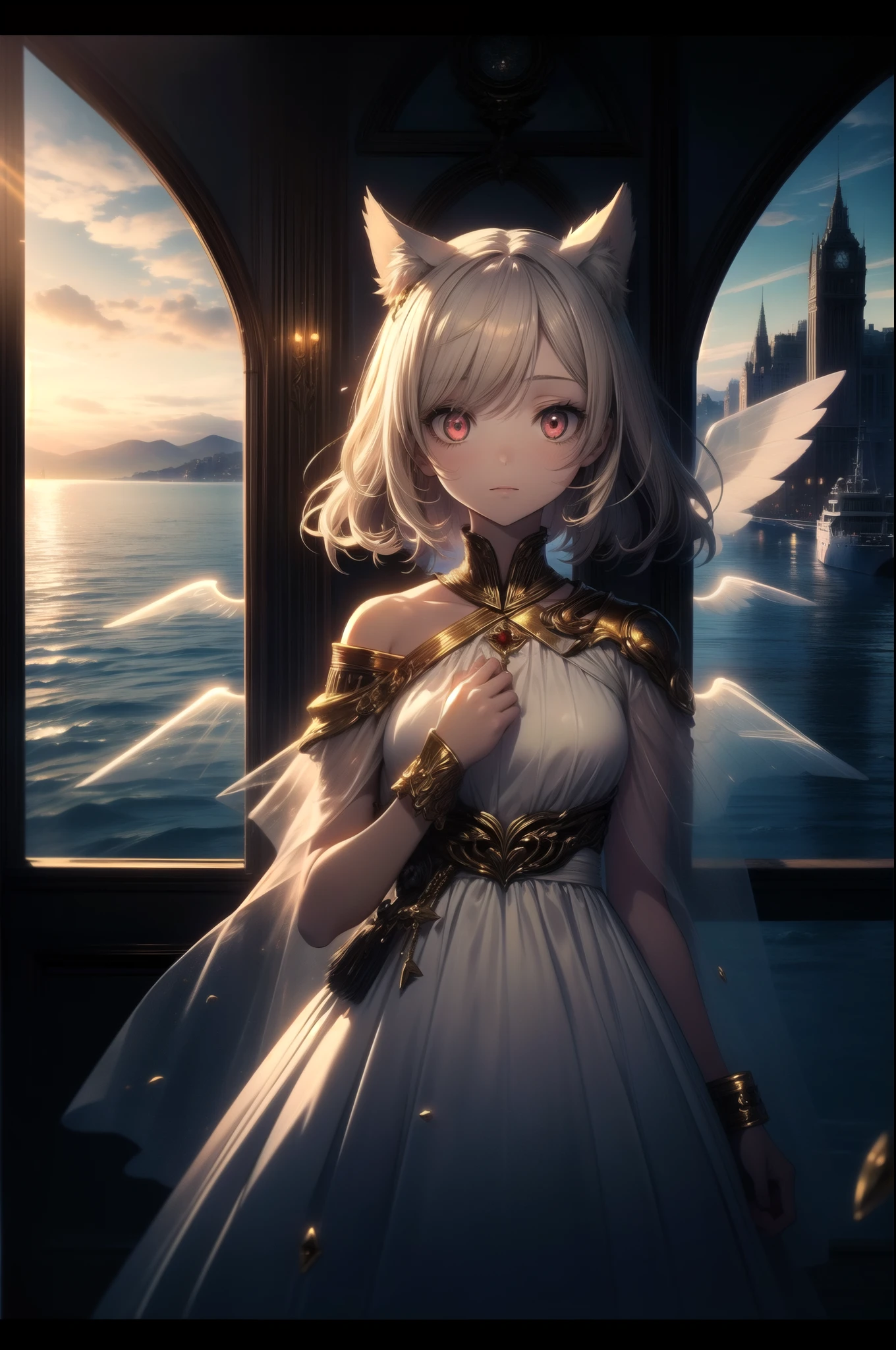 extreme quality, cg, solo, (colorful:0.85), (1girl), (anime girl), glorious spread wings, (translucent glass wings:1.28), (wide angle), portrait, cowboy shot, wide wingspan, looking at viewer, glowing eyes, animal ears, white dress, luxury, gold trim, white pearlescent marble coating, solo, field of vision, maritime aesthetic scenery, centered
