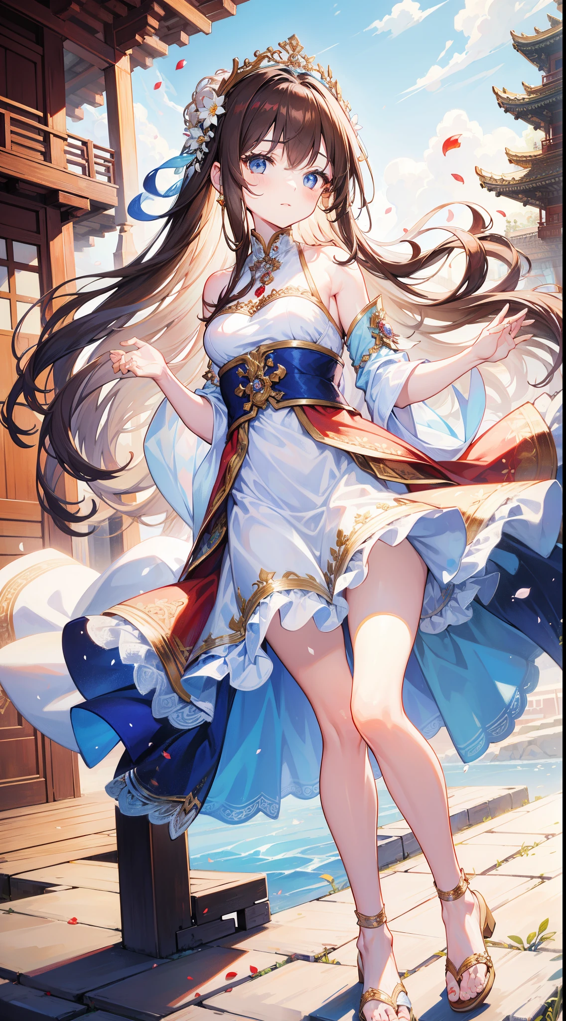 young girls, Brown hair long,Floral headdress,hair adornments,jewely,eBlue eyes, pale robe, Sleeveless, jumpping, Summer palace,Asian architecture,petals,tmasterpiece, high high quality
