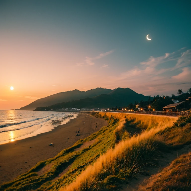 landscape shot　　Sunset Moon　along the mountain　the beach　sand beach　Superb view