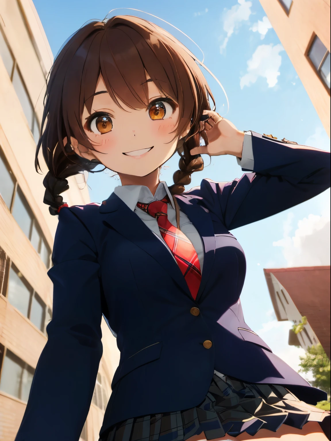 fluffy hair,((brown haired)),(Braided shorthair),Slightly red tide,((Navy blue blazer and plaid pleated skirt)),(High school students),((Red tie)),Kamimei,Looking at me with a smile,((Perspective from below)),