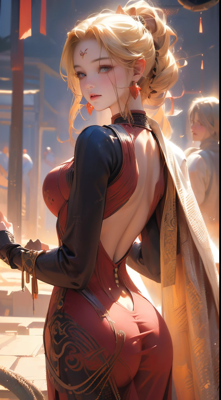 (best quality,4k,8k,highres,masterpiece:1.2),ultra-detailed,(realistic,photorealistic,photo-realistic:1.37),Anime style,20-year-old blonde woman,her back,colonial castle,sculptural body,red transparent dress,earrings