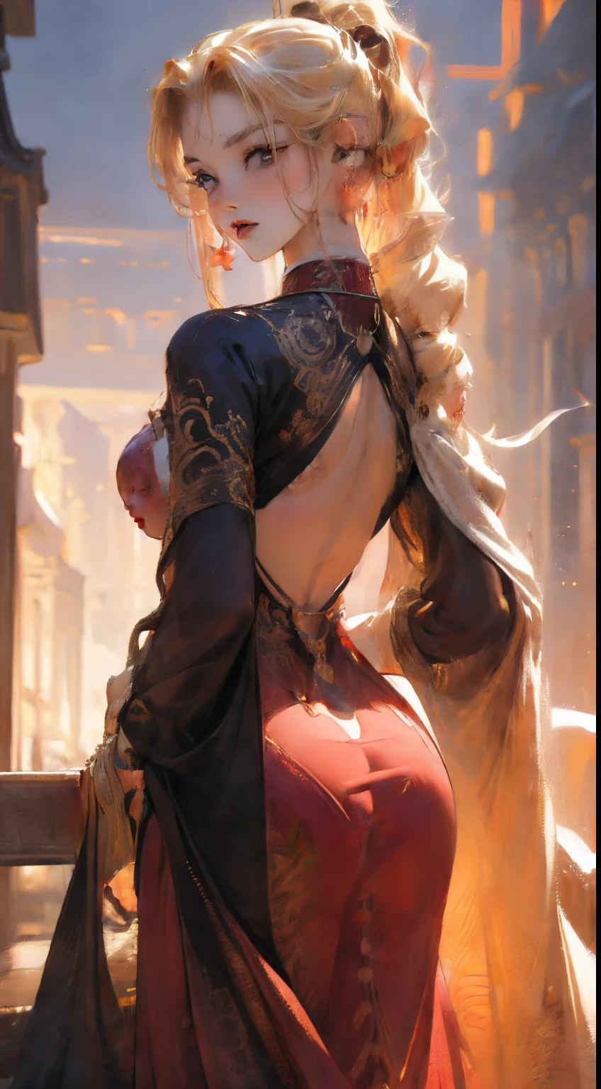 (best quality,4k,8k,highres,masterpiece:1.2),ultra-detailed,(realistic,photorealistic,photo-realistic:1.37),Anime style,20-year-old blonde woman,her back,colonial castle,sculptural body,red transparent dress,earrings