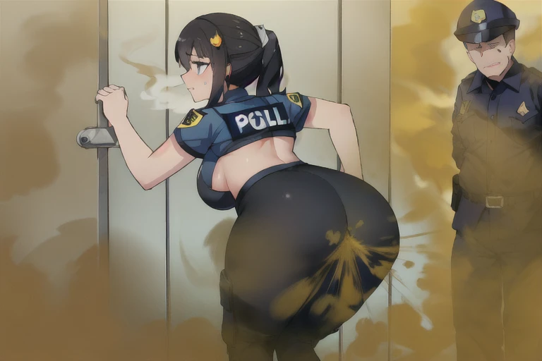 ((Blackhair ponytail))),wear the glasses,Yellow smoke,Attacked by farts, Attack with farts,)),(attacks prisoners with farts)),((wearing a police outfit)),velocity,, (((Yellow smoke is rising ))),((Hip Attack)),((),((Facing this way))),masterpiece:1.2、top-quality)、(the Extremely Detailed CG Unity 8K Wallpapers、ultra-detailliert、Best Shadows)、(细致背景)、(The best lighting、extremely delicate and beautiful)、depth of fields,((Girl fart)),(big fart),(((((There is a male prisioner and a female police.......))))),(((Female police attacks male prisioner in the face with a hip attack..))),(((high-handed female police)),(((A male prisioner who endures pain))),((big boob)),((big butt)),((interrogation room)),((interrogration a male prisioner)),((fart text)),(THE TEXT:BBRRPPHHH)),((one police man record what her doing))