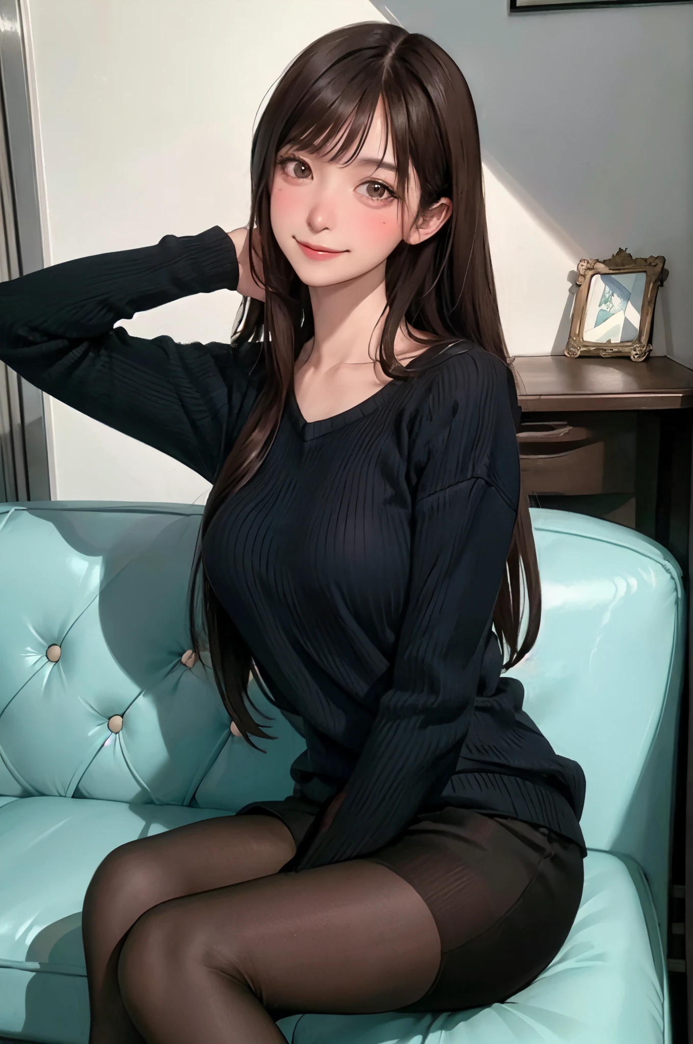 1lady standing, /(oversized sweater/) v-neck, mature female, /(brown hair/) bangs, blush kind smile, (masterpiece best quality:1.2) delicate illustration ultra-detailed, large breasts pantyhose BREAK /(modern house living room/) indoors