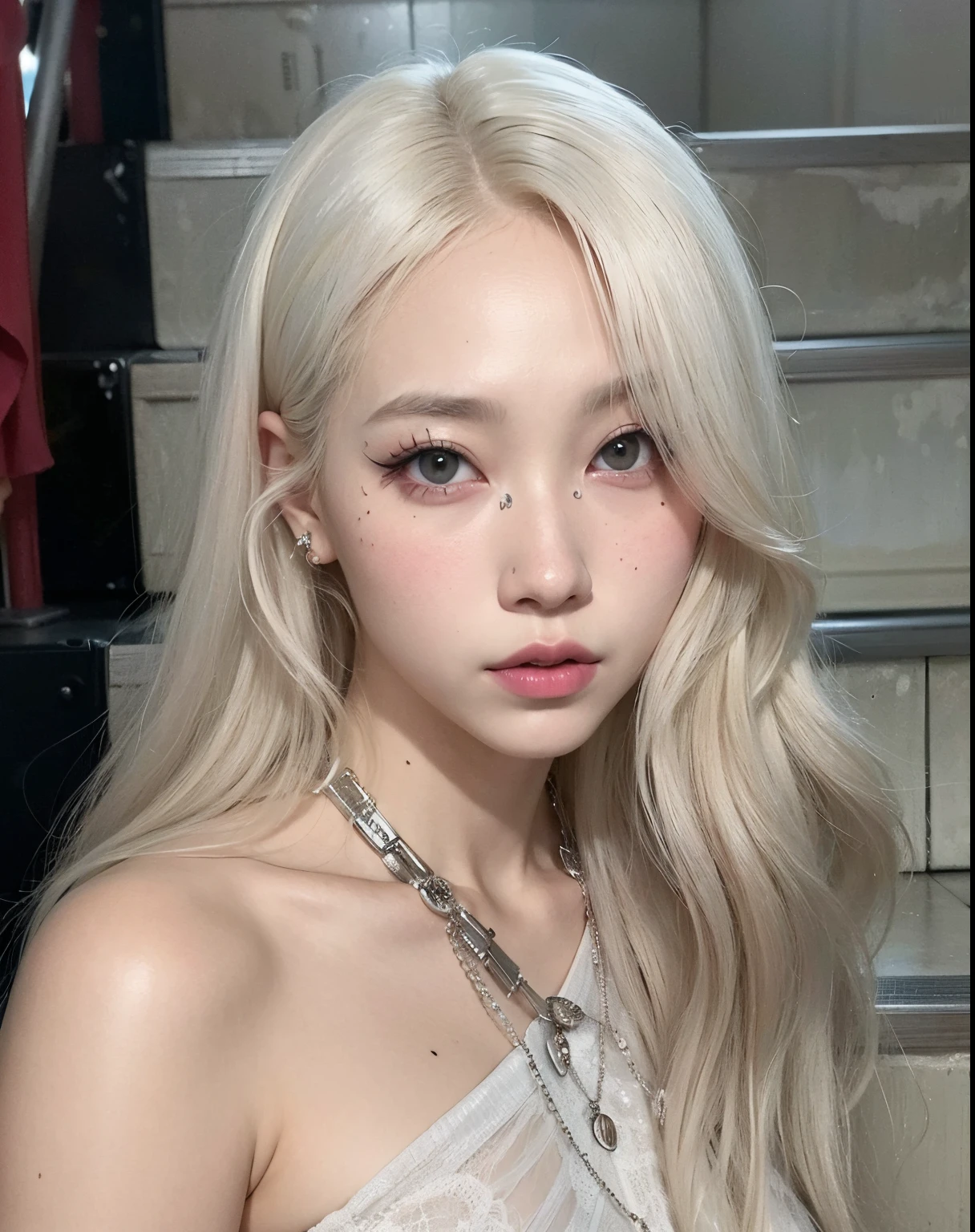 blond girl with long hair and piercings posing for a picture, lalisa manobal, portrait of jossi of blackpink, with long white hair, popular south korean makeup, ulzzang, her hair is white, portrait of kim petras, with white long hair, pale hair, white hime cut hairstyle, jaeyeon nam, popular korean makeup, cl