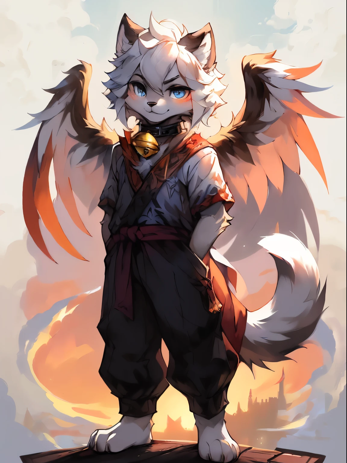 tmasterpiece, high qulity, Absurd resolution, digitial painting \ (artwork of a \), (Fluffy fur, White fur, Full Body Furry,), The Boys, eBlue eyes, White hair, shorter pants, The barefoot, eyes with brightness, in a panoramic view, Character focus. detailedbackground, clouds background, eventide, the sunset (bell, Pet collars, white short sleeve: 1.2)，Cute and detailed digital art, Very very beautiful furry art, Detailed fanart, high-quality wallpaper, dress up as a fisherman 🧥, furry fantasy art, Popular topics on artstation pixiv,