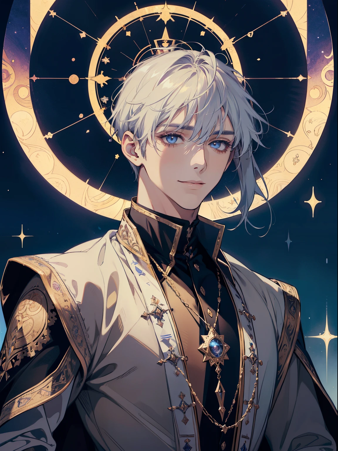 (absurdress, hight resolution, Ultra Detailed), 1 male, Adult, a handsome, Finely detailed eyes and detailed face, night sky, luna \tarot\, Symbolism, visual art, occult, Universal, Vision Casting, Philosophical, Iconography, Divination by numbers, Popularity, an artistic, Alfon Mucha, Short hair, Smile, calm expression on his face
