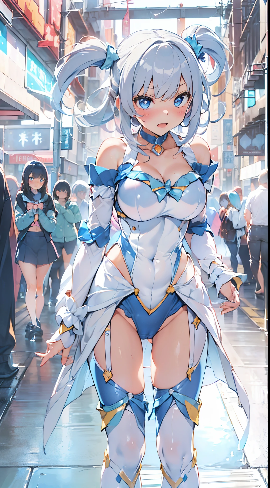 1womanl,,ar old Impatient expression)),Beautiful breasts,(((Sexy magical girl white and blue high-leg bodysuit)))(())(((Blushing cheeks、Surprised look)),((())),((( portlate))),Blue eyes,(((Bangs are aligned)))()Street,Crowds(magical girl hair ornament)