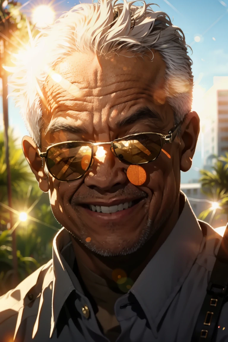 an old man with the face of Ganjar Pramono, upper body, sunglasses on, huge Laughing, sun glare, bokeh, depth of field, blurry background, light particles