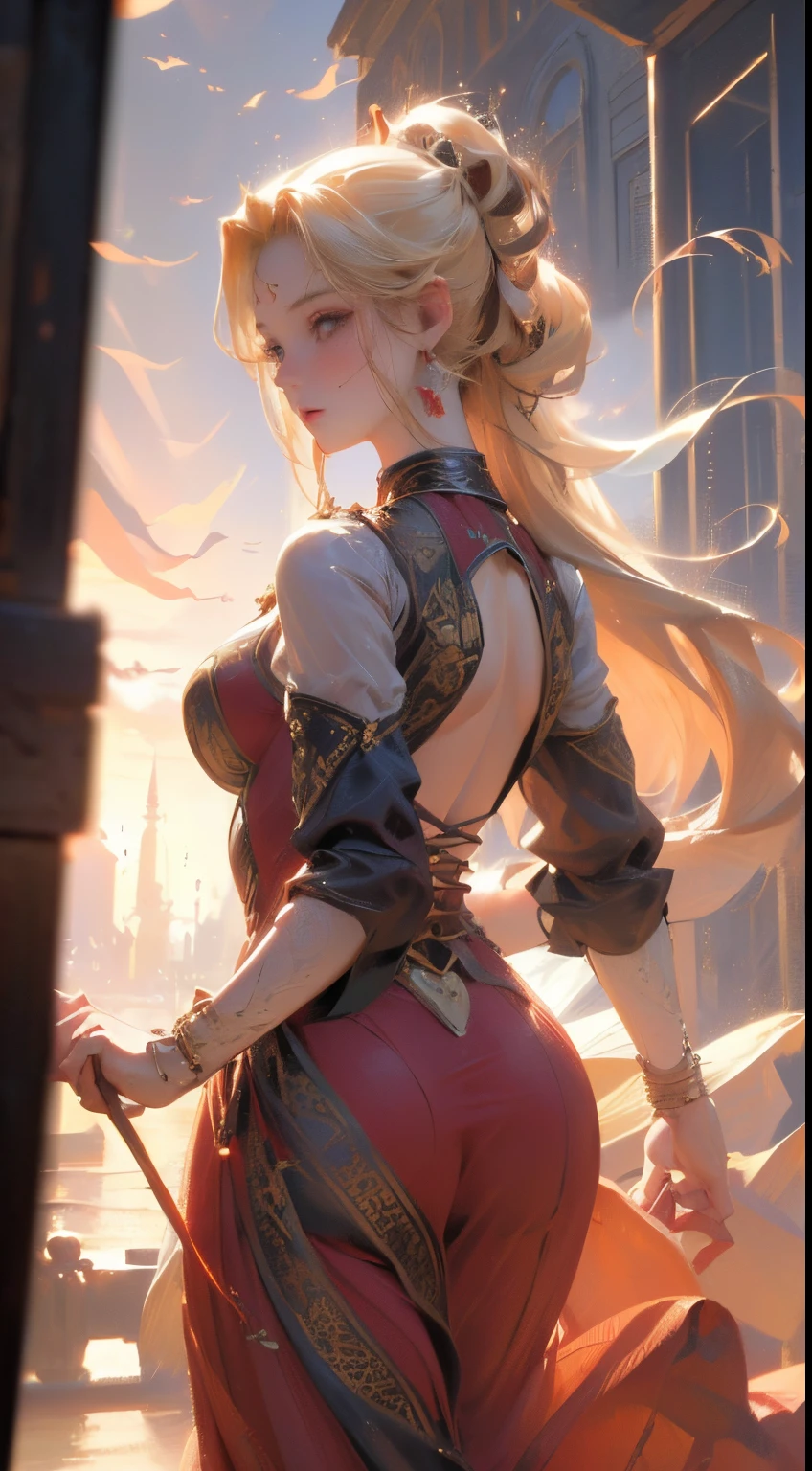 (best quality,4k,8k,highres,masterpiece:1.2),ultra-detailed,(realistic,photorealistic,photo-realistic:1.37),Anime style,20-year-old blonde woman,her back,colonial castle,sculptural body,red transparent dress,earrings