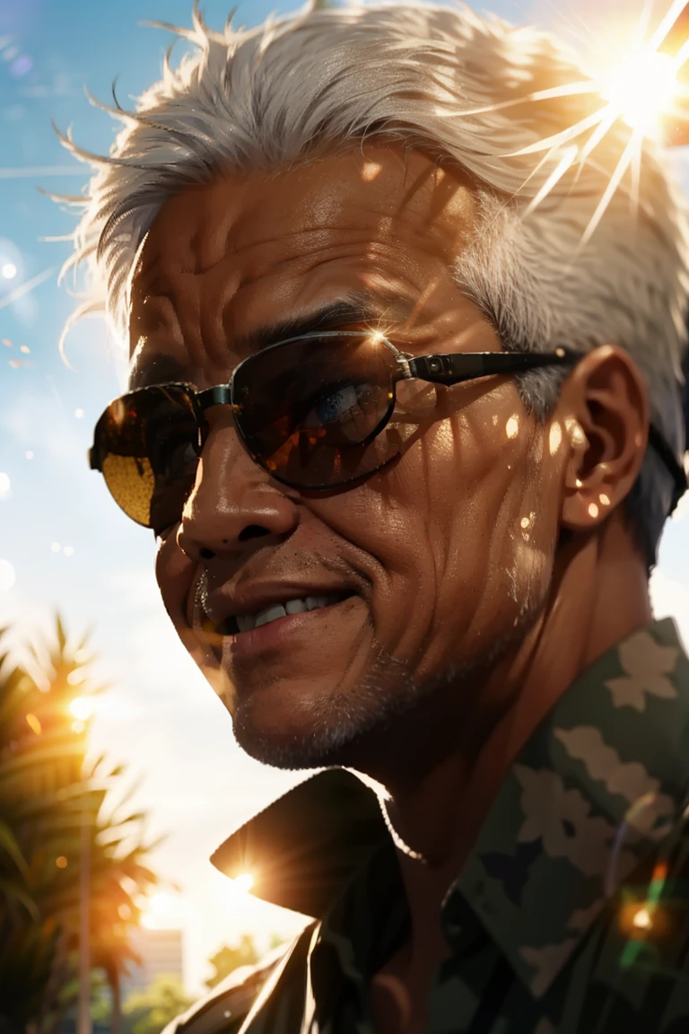 an old man with the face of Ganjar Pramono, upper body, sunglasses on, huge Laughing, sun glare, bokeh, depth of field, blurry background, light particles