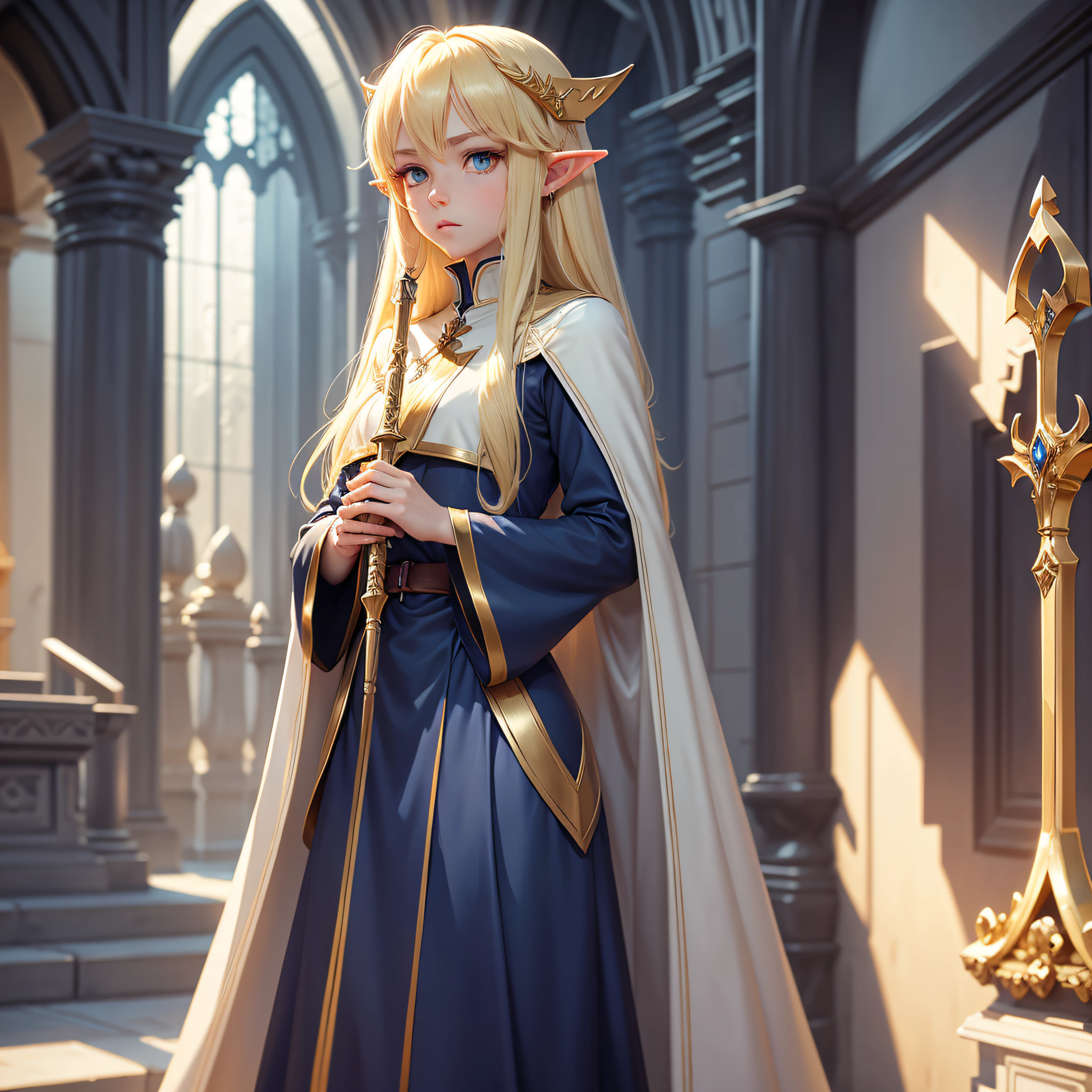 Elf ears, beautiful, tall and slender, light gold colored hair, deep blue colored eyes, bishop's uniform, bishop's staff, pixel art, anime style,