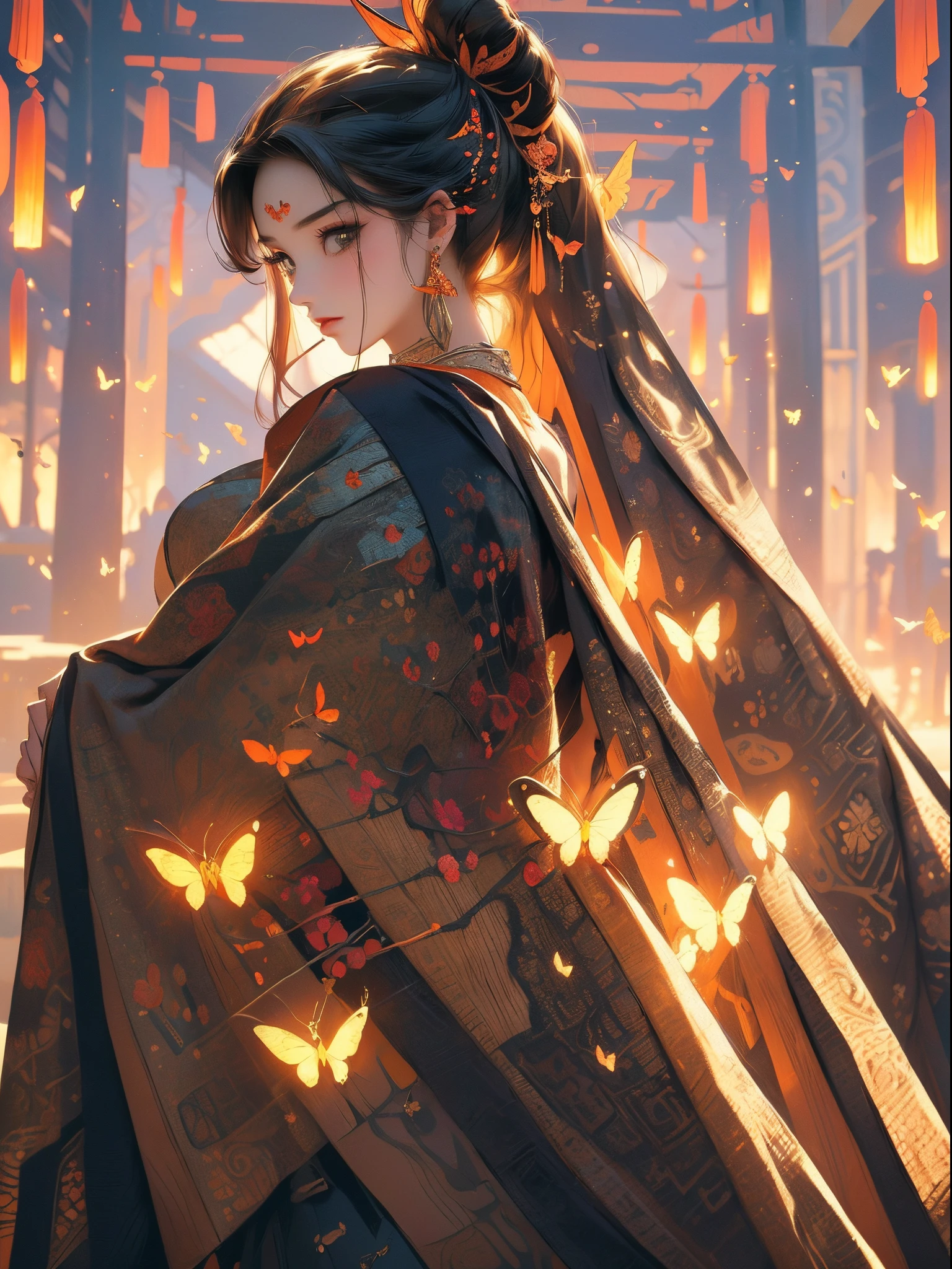 Butterfly motif、orange tone、Vibrant colors、((​masterpiece)))、(((top-quality)))、((ultra-detailliert))、(A hyper-realistic)、(highly detailed CGillustration）、Official art、Venice at the beginning of the 20th century、Decadent、Madame Papillon、Cool Beauty、Masquerade、refinement、Elegance、Gorgeous、Masks that cover most of the face、Colorful and detailed mask design、matchless beauty、Fans、gorgeous dress、jewely、Female Solo、Perfect Angle、perfect-composition、full body Esbian