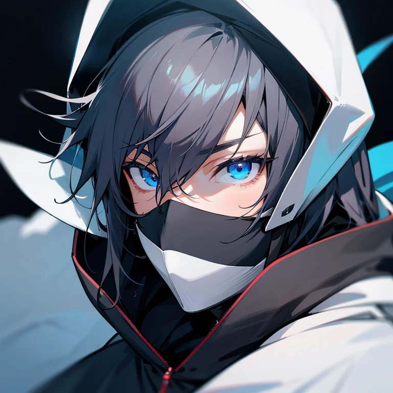 Anonymous Anime Profile Photo, No face ,dark color, No light, Black hoodie, hooded anime boy, Anime Boy, Masked face, close up of face, masked mouth,Blue eyes
