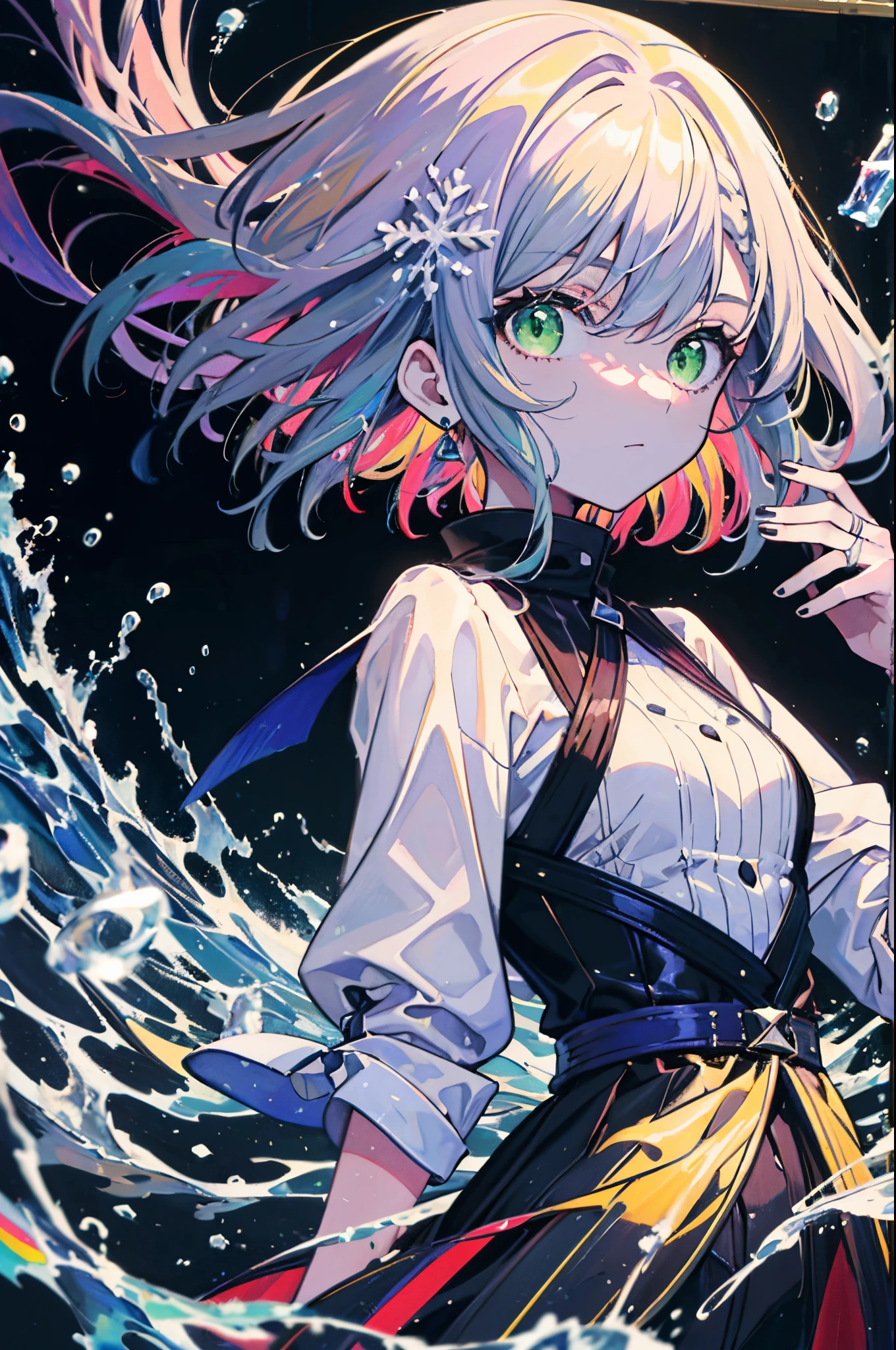 light purple hair, green eyes,wave hair,medium hair,multicolored hair, ((oil painting)),winter back ground