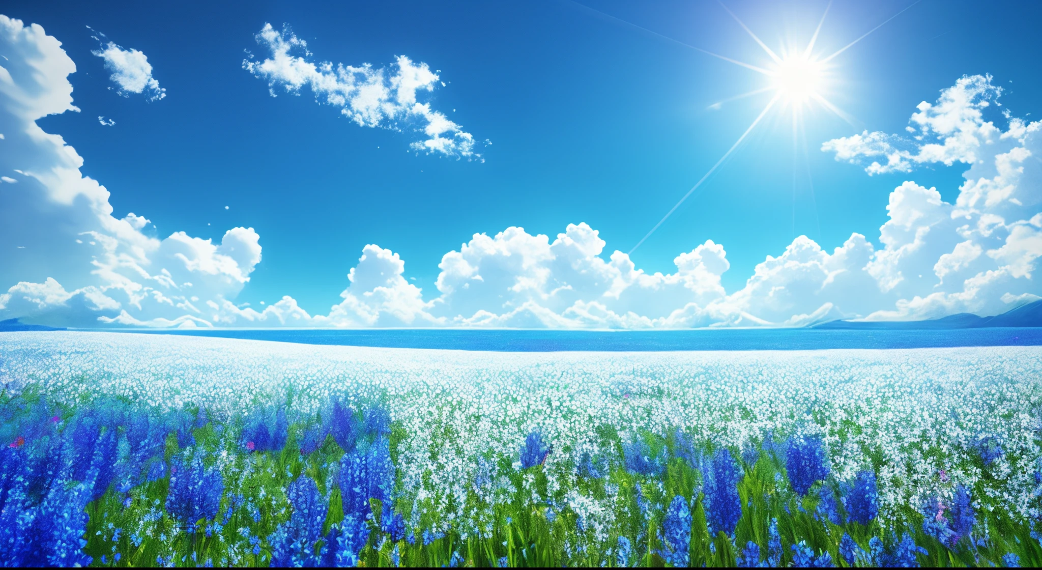 8K、(((no person:1.2)))、Rough flower field with bright sun in the background々Nice view, (((white flower field 1.5))), bright sunny summer day, clear sunny day, flowerfield background, flower field, bright summer day, field of fantasy flowers, bright sunny day blue sky, blue sunny sky, flower field, flowerfield, beautiful sunny day, Deep blue sky, Truly beautiful nature