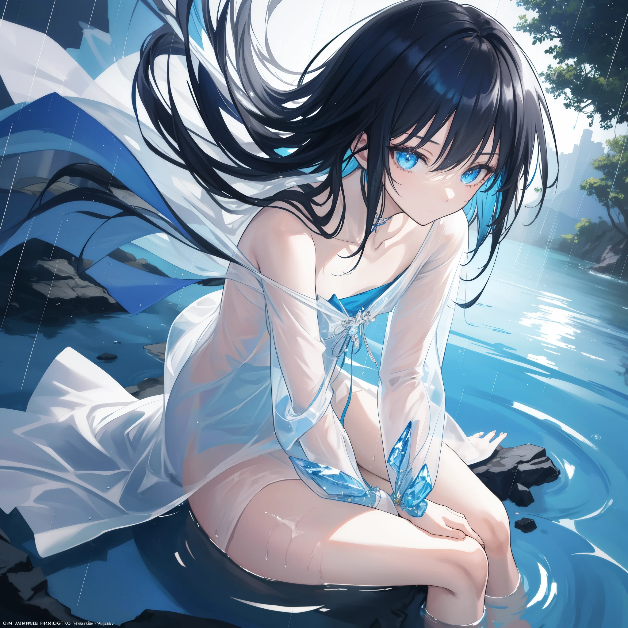 ((A close up)) of a black-haired anime  girl, (sitting in the (river)), ((strong sunlight)), cinematic light, slim body, skin is perfectly healthy, soft, and smooth, Extremely delicate and beautiful CG illustration, best quality, high resolution, dynamic angle, full-length lens, (1 girl), floating, soft light, high-key lighting), glowing light, blue halo, blue crystal, ((very cinematic)), ((half naked)), (raining: 1.2), barefoot