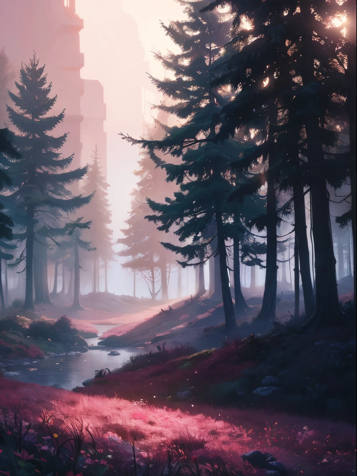 illustration, forest, landscape, slight fantastical elements, misty and foggy, pink and coral hues, expressionism,  emotional remembrance of love, life, and regret. Soothing colors, detailed, masterpiece, high resolution, 8k